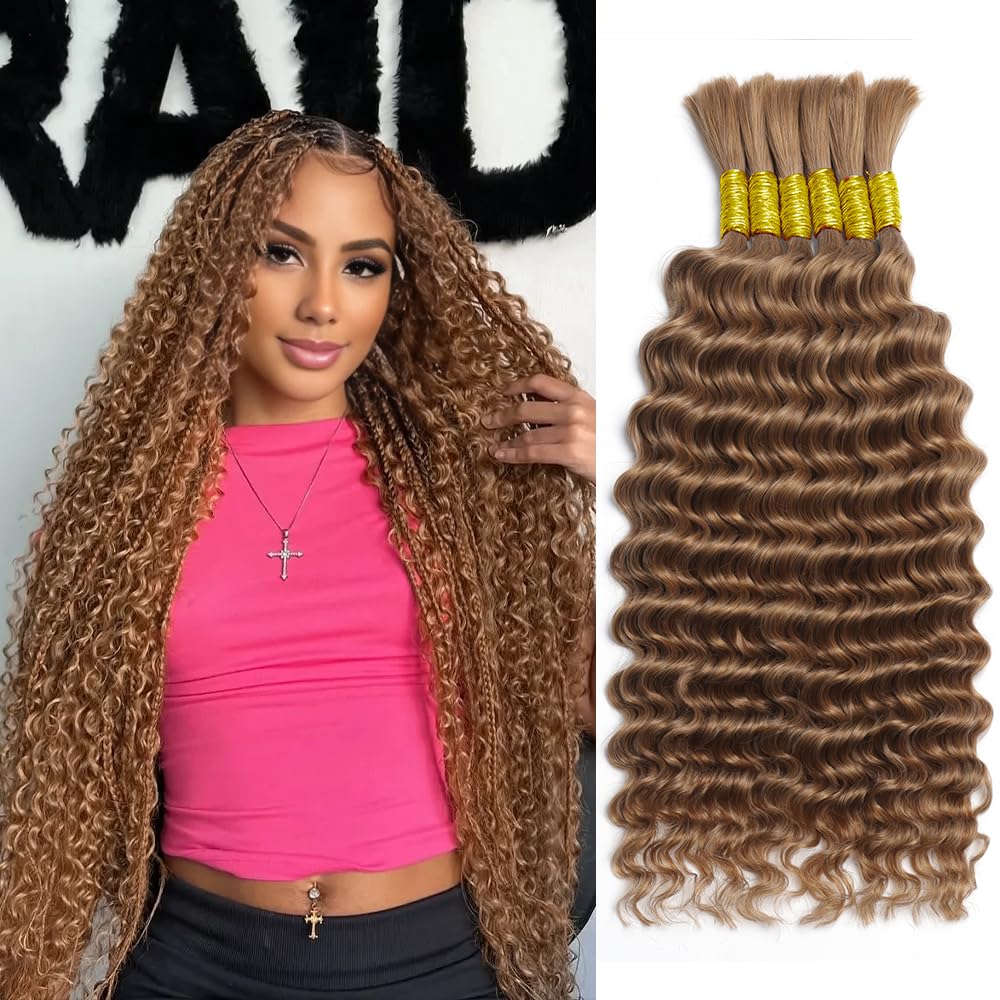 Human Braiding Hair for Boho Braids Human Hair 30# 150g 24 Inch 12A Deep Wave Bulk Human Hair for Braiding Knotless 6 Bundles/Pack Curly Braiding Hair Bundles Wet And Wavy