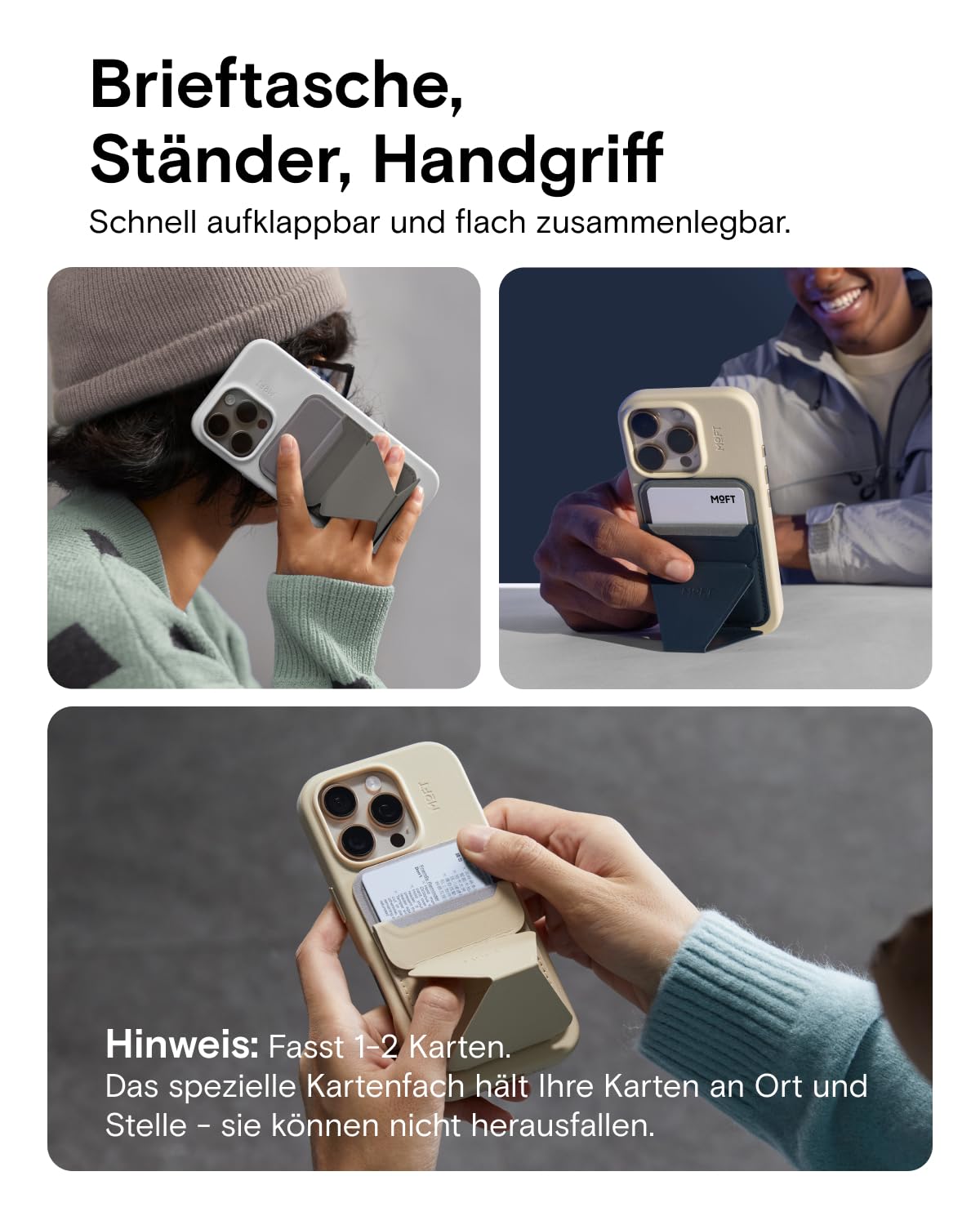 MOFT Magnetischer Handy Wallet Ständer, Veganem Leder Kartenhalter Stand Kompatibel mit Magsafe iPhone 17 16 15 14 13 12 Serie, 3 Betrachtungswinkel