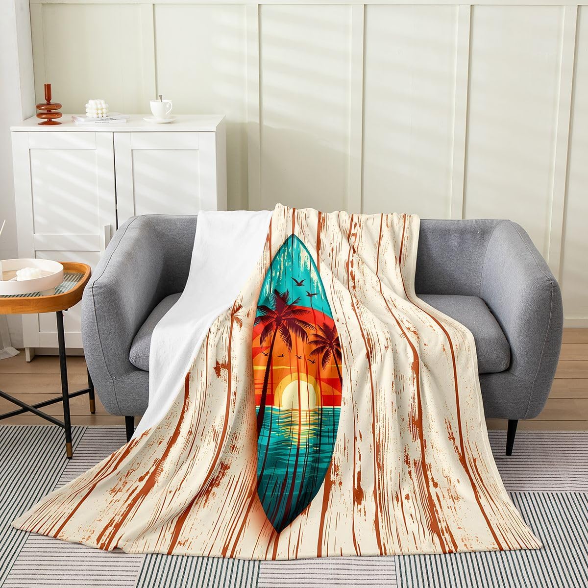 Erosebridal Coastal Sunset Fleece Blanket Baby 30"x40" for Girls - Surfboard Surfing Flannel Blanket Retro Tropical Beach Palm Tree Fuzzy Plush Throw,Vintage Wooden Plank Design Decor for Bed Couch