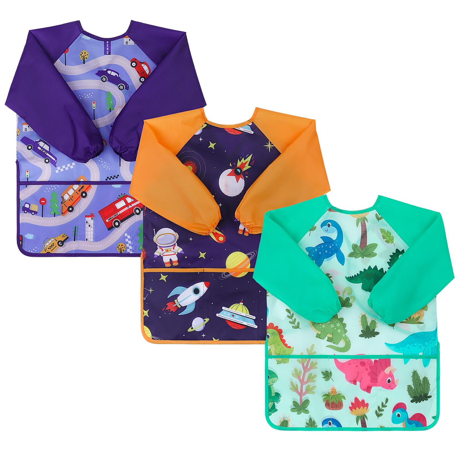 GSrenyu 3 Pack Kids Art Smock, Waterproof Artist Painting Aprons（Dinosaurs, Unicorns, Animals）