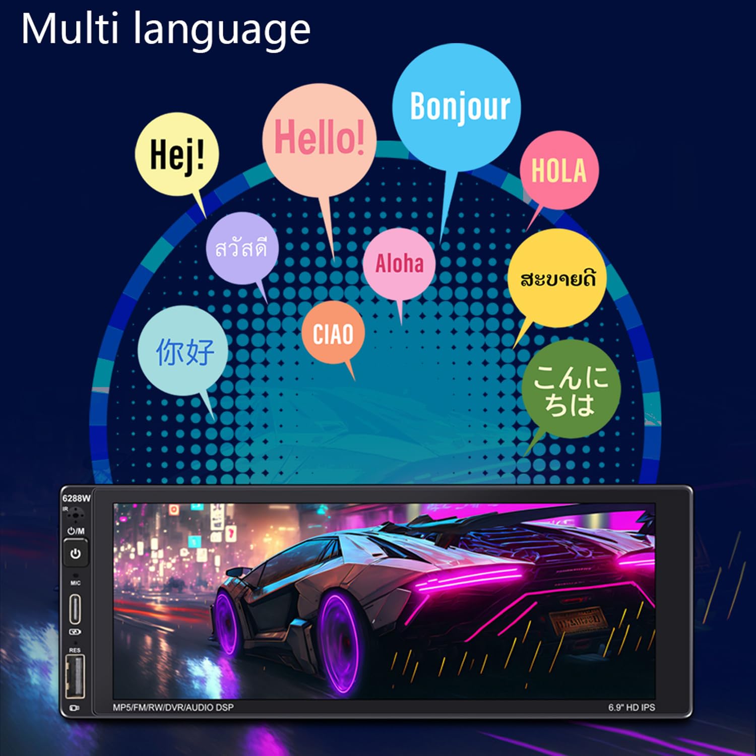 Radio samochodowe 1 Din z bezprzewodowym CarPlay Android Auto 6,9" ekran dotykowy Bluetooth Radio samochodowe z 12 diodami LED Widok z ty?u Obs?uga kamery FM AM RDS Radio Mirror Link USB typu C
