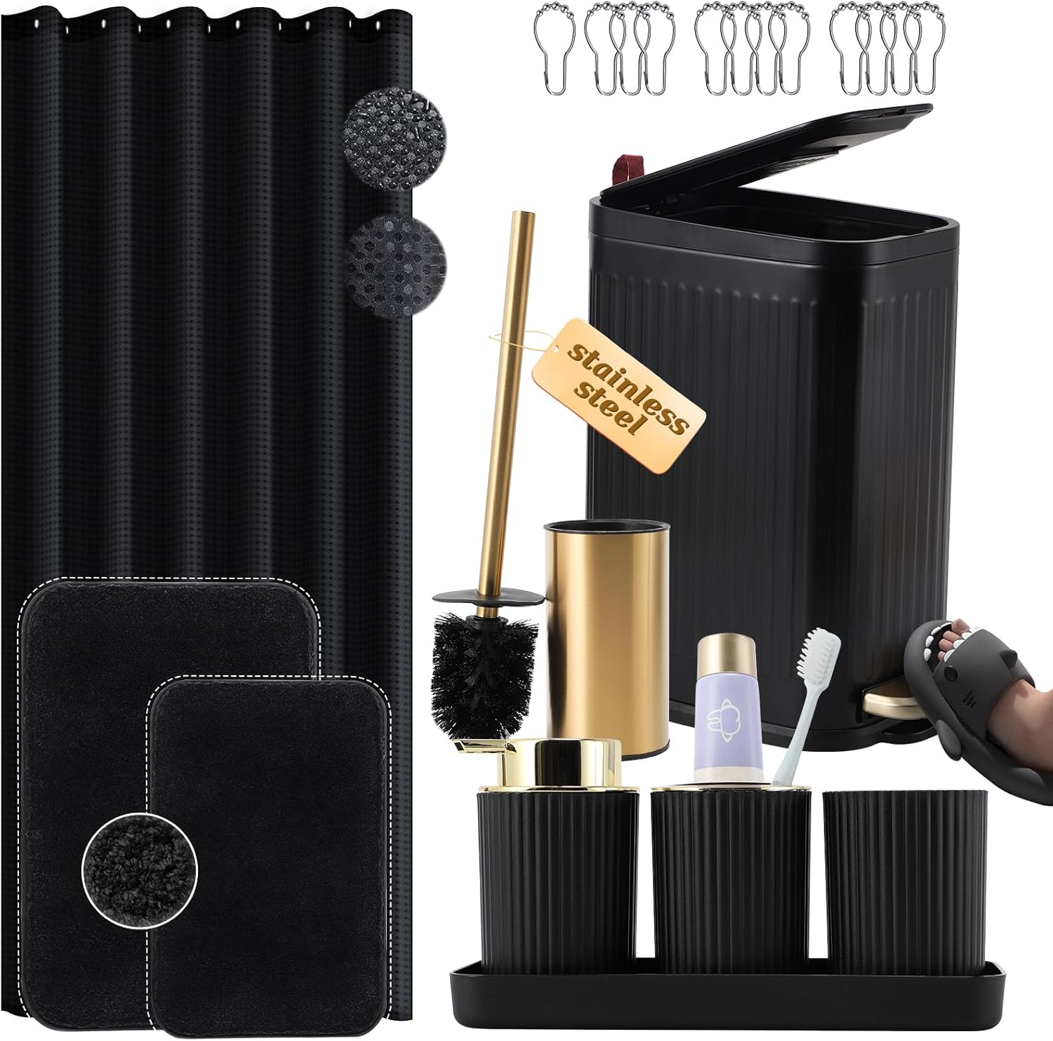 Black and Gold Bathroom Accessories Set 9 PCS, Bathroom Sets with Stainless Steel Trash Can,Toilet Brush and Plastic Toothbrush Set,Soap Dispenser and Shower Curtain, 2PCS Rugs for Bath Decor