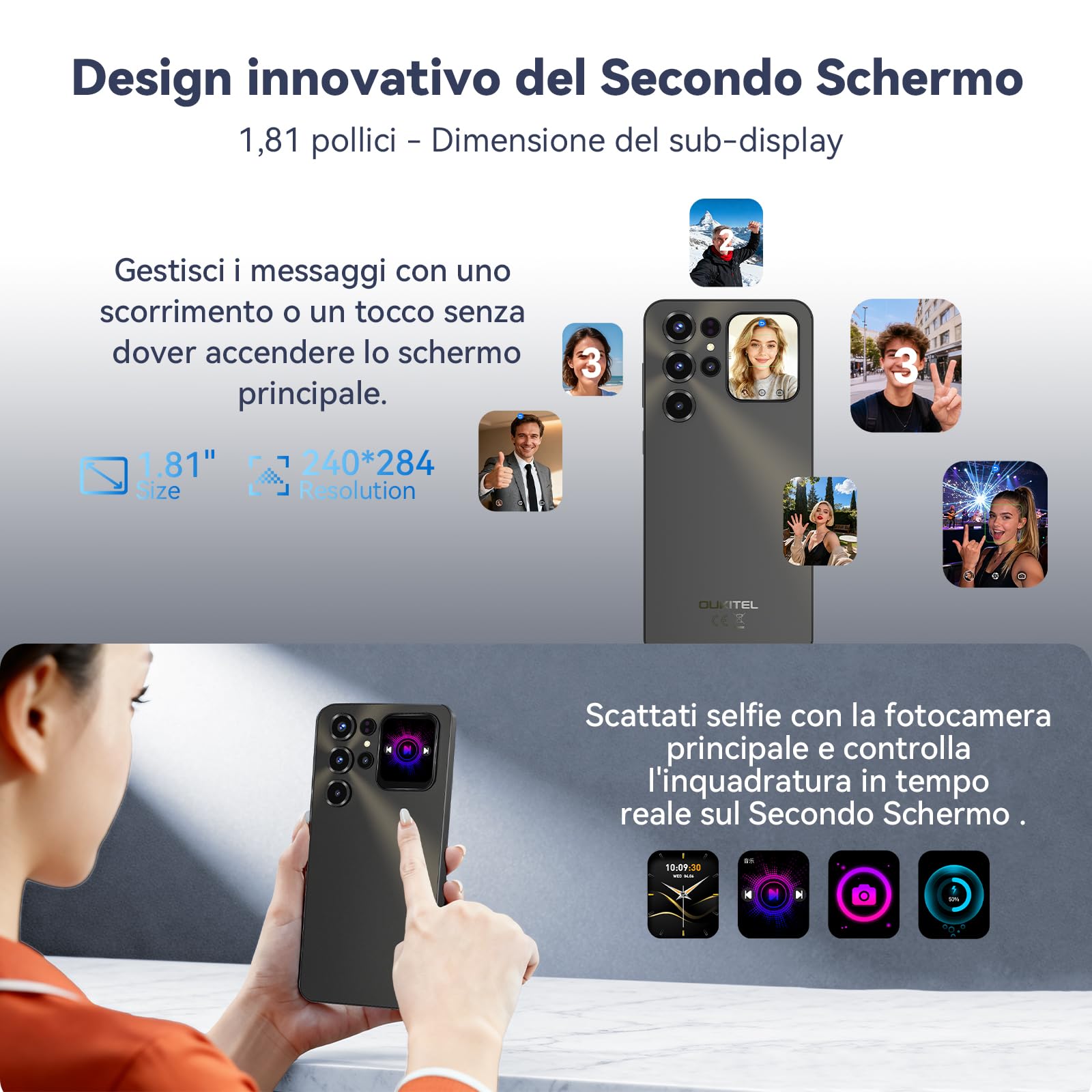 OUKITEL C68 Plus Smartphone Android 15, 24(8+16) GB+512GB/1TB, 7.2''HD with 1.8" Sub Display +120Hz Telefono Cellulare, 64MP, 6000mAh,Octa Core/NFC/Dual SIM/Face ID/Sblocco Impronte Digitali/GPS/OTG