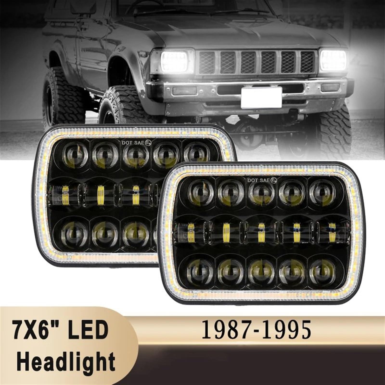 Luz Señal Giro Espejo Faros Delanteros LED Cuadrados 7 X 6 Pulgadas Luz Cruce Alta Y Luz Giro DRL Resistente Para Jeep Para Wrangler YJ Para Cherokee XJ Para Comanche MJ Luz de señal de giro(2 piezas)