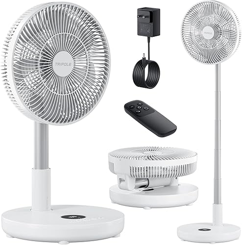 TriPole Ventilador oscilante portátil silencioso con control remoto, ventiladores de pedestal recargables de 12 pulgadas para dormitorio y oficina,