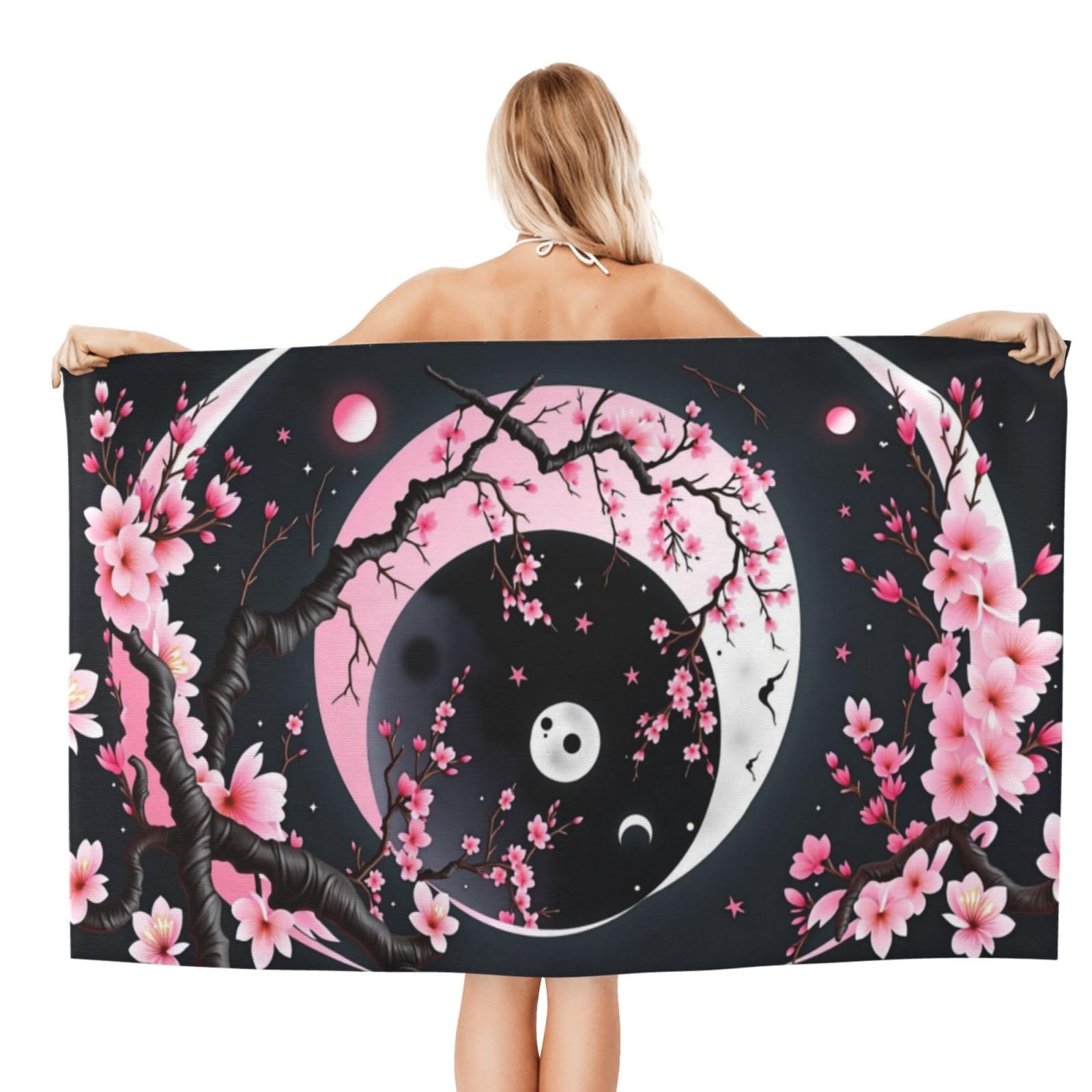 Anceky Beach Towel for Women, Yin Yang Floral Sand-Free Microfiber Ultra Soft Lightweight Bath Towels for Outdoor Bathroom Swimming 32"X52"
