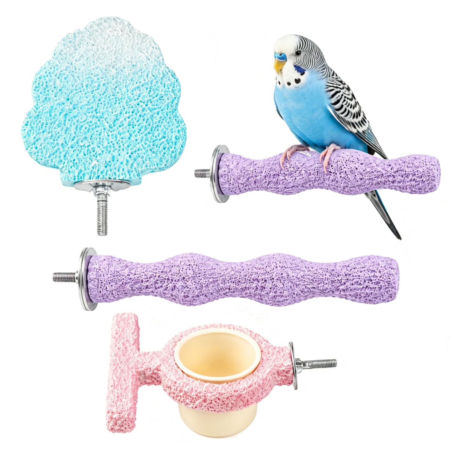 Bird Perch Set for Cage, 4 Pack Nail Grinding Perches with Treat Holder, Wave and Leaf Designs, Parakeet and Budgie Cage Accessories for Small Birds
