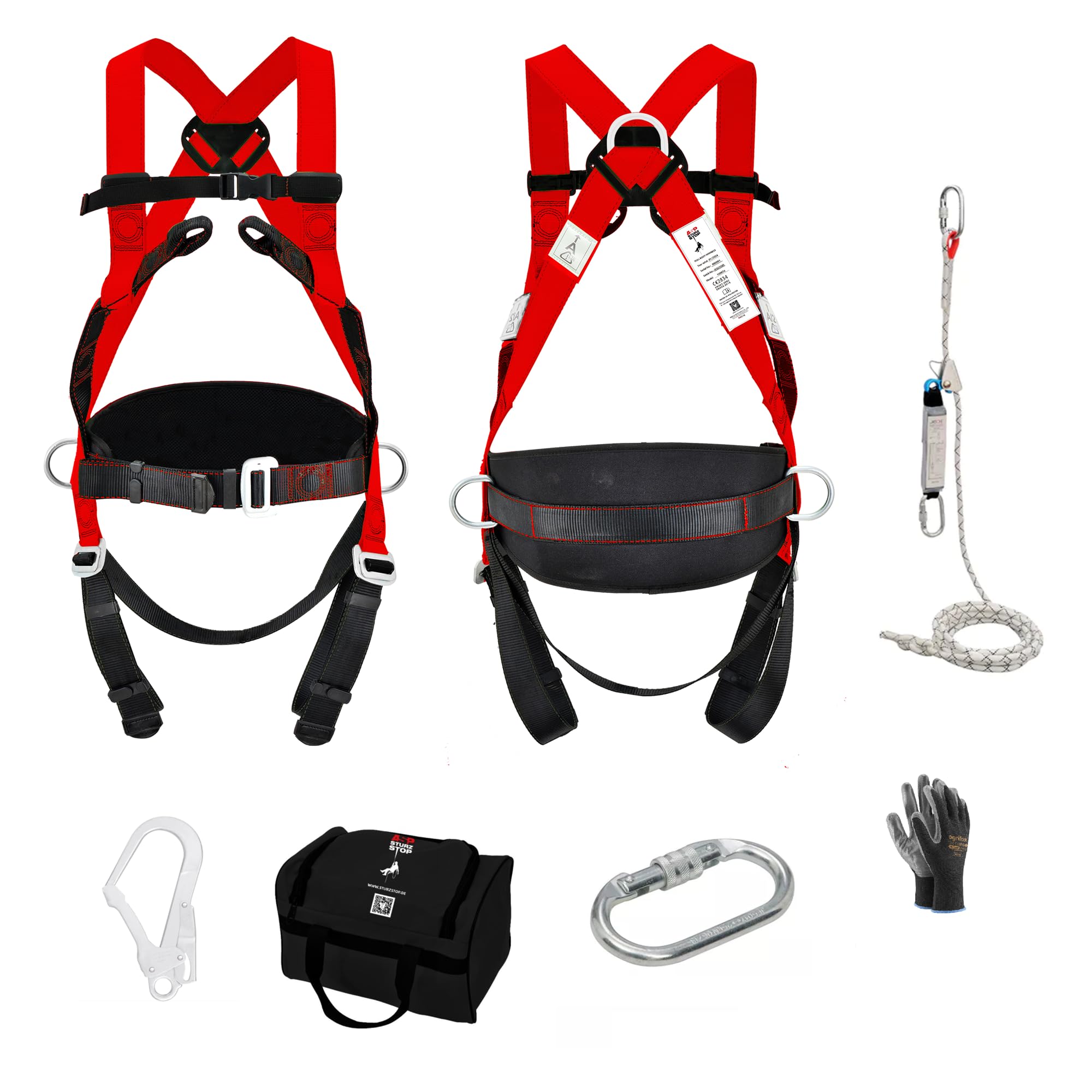 Generisch Fallschutz Set Profi Auffangurt inkl. 10m Seil, Falldämpfer + Gerüstkarabiner + Karabiner + Tasche und Arbeitshandschuhe