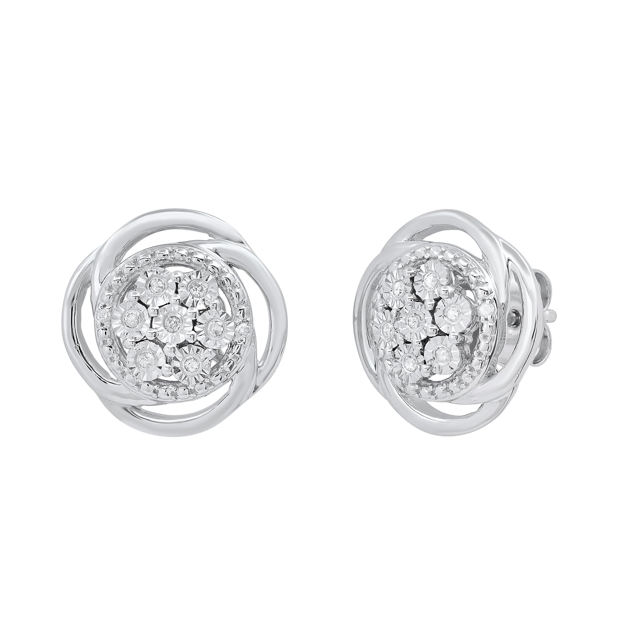 Dazzlingrock Collection 0.10 Carat (ctw) Round White Diamond Swirl frame Circle Seven Stone Centre Flower Pushback Stud Earrings for Her 1/10 CT | 925 Sterling Silver