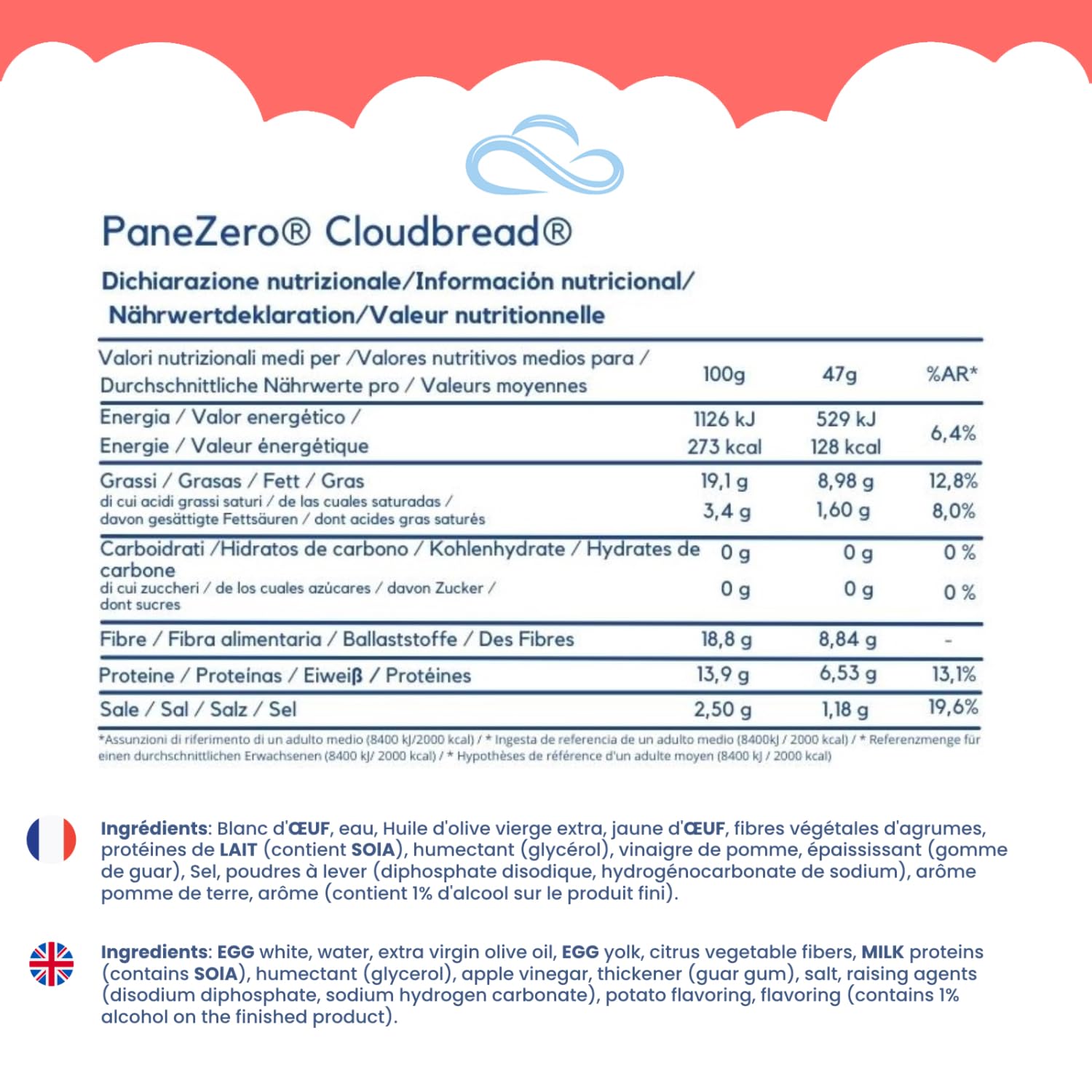 Nuvola Zero - Pane Zero Cloudbread, Pain Sans Carb, Sans Sucre, Sans Lactose, Riche en Fibres et Protéines, Sans Gluten, Paquet de 12, Fabriqué en Italie