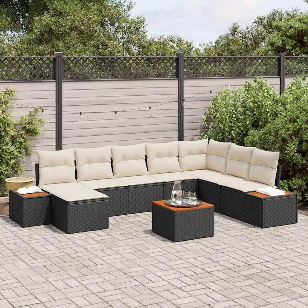 Modułowa sofa ogrodowa z poduszkami, 9 szt., kolor czarny i kremowy, jako zestaw mebli tarasowych i stylowy zestaw wypoczynkowy z stolikiem pomocniczym
