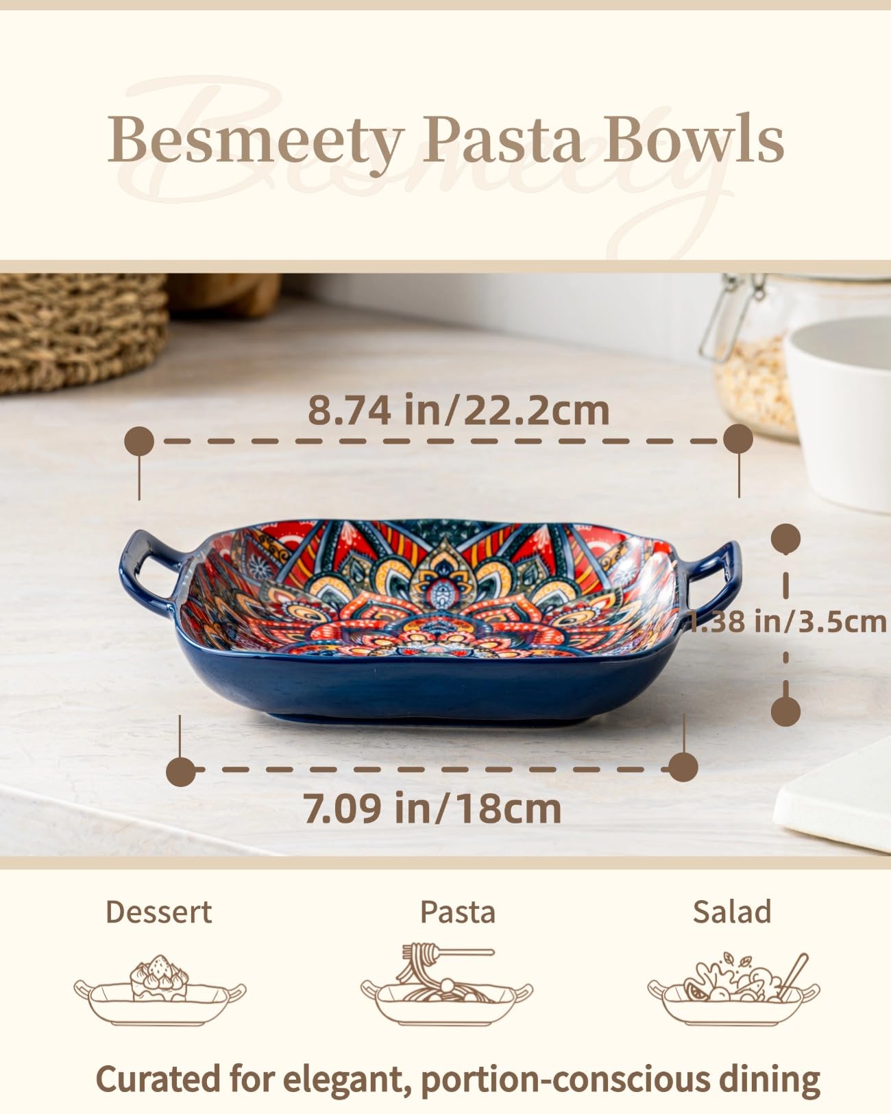 Besmeety Pastateller mit Griff 2 er Set, 18cm Porzellan Suppenteller, Servierschale, Servierschüssel Tiefe Teller Set (Orange+Blau)