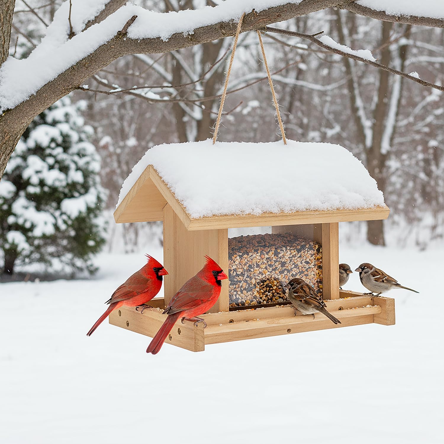 Mangeoire à Oiseaux en Bois Suspendue Grande Capacité pour Jardin Oiseaux Sauvages