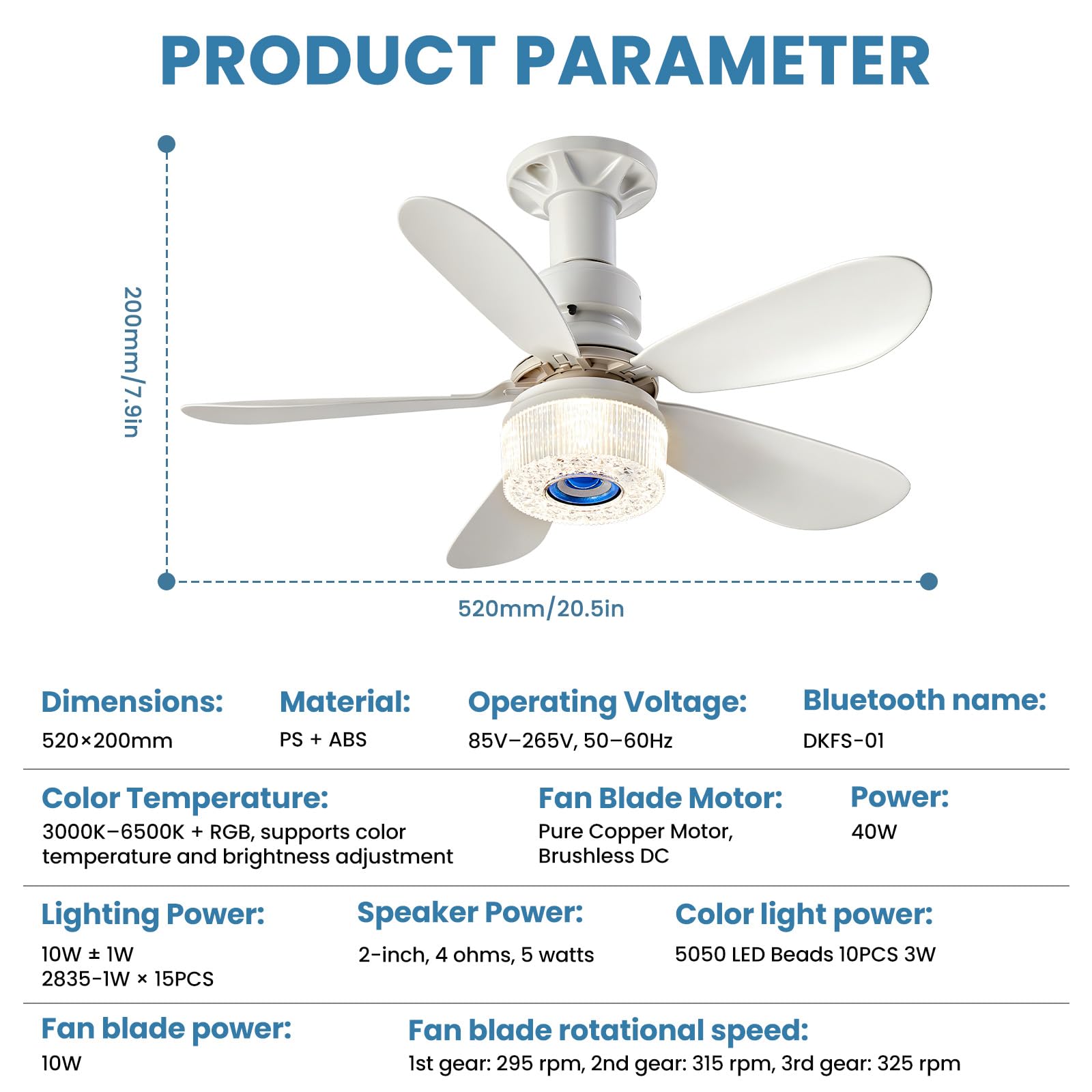 Roadtime Ventilatore da Soffitto con Luce RGB, 52 cm e Altoparlante Musica