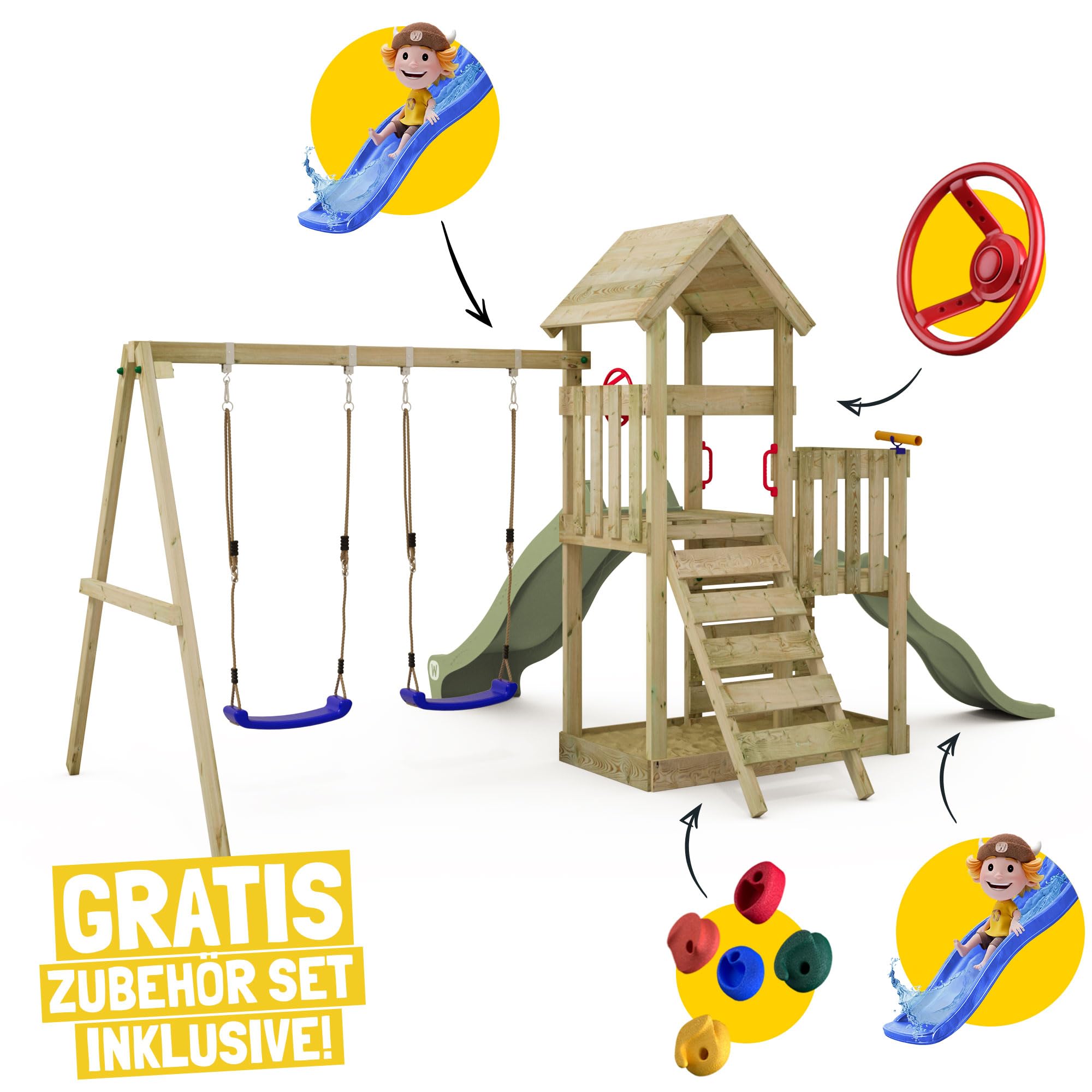 Wickey Spielturm Skyflyer 120 & 90 mit Rutsche und Plane Doppelschaukel Spielgerät Garten