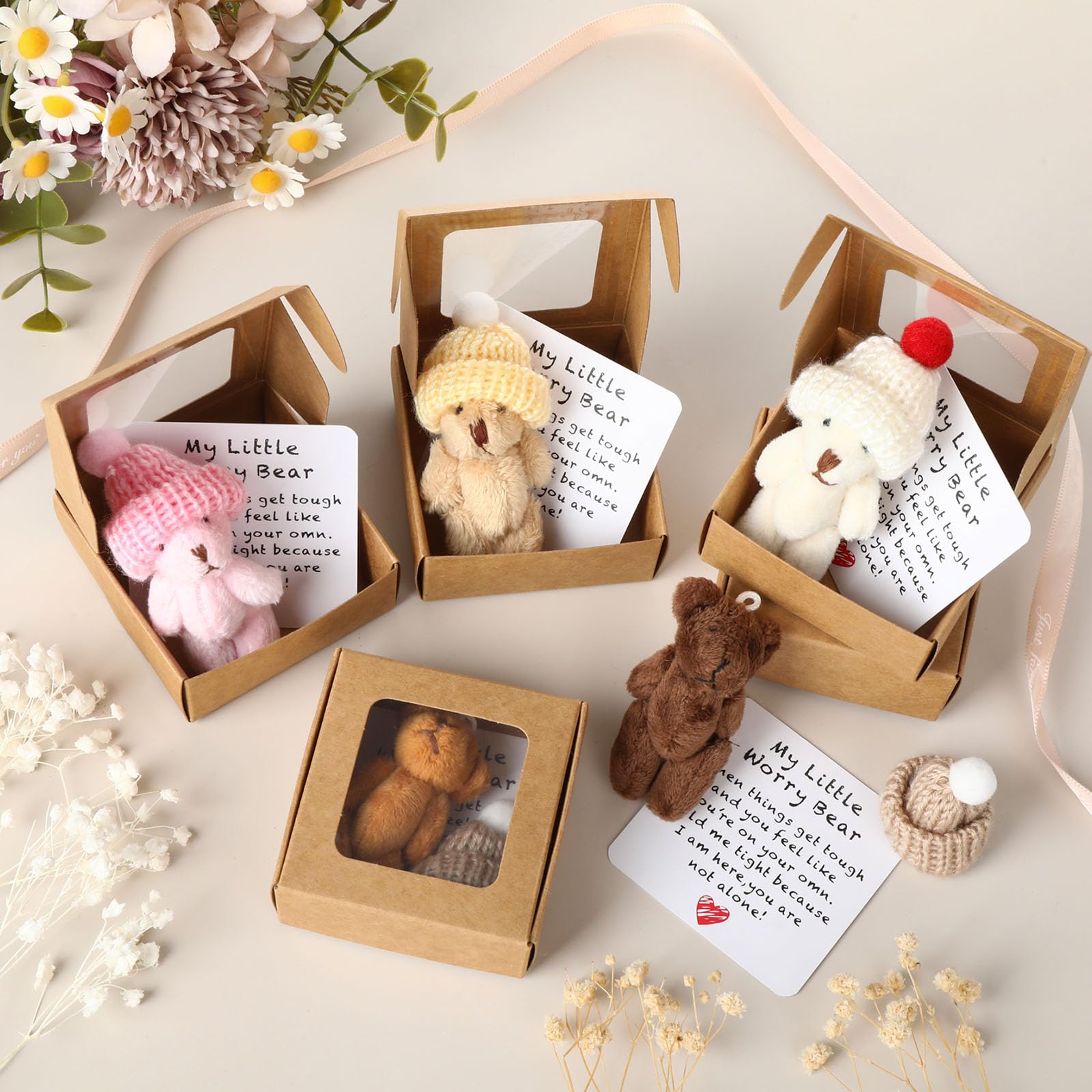 FAMCUCHE 5 Pcs My Little Worry Bear in a Box, Plush Pocket Bear with Inspirational Card and Hats - Image 4