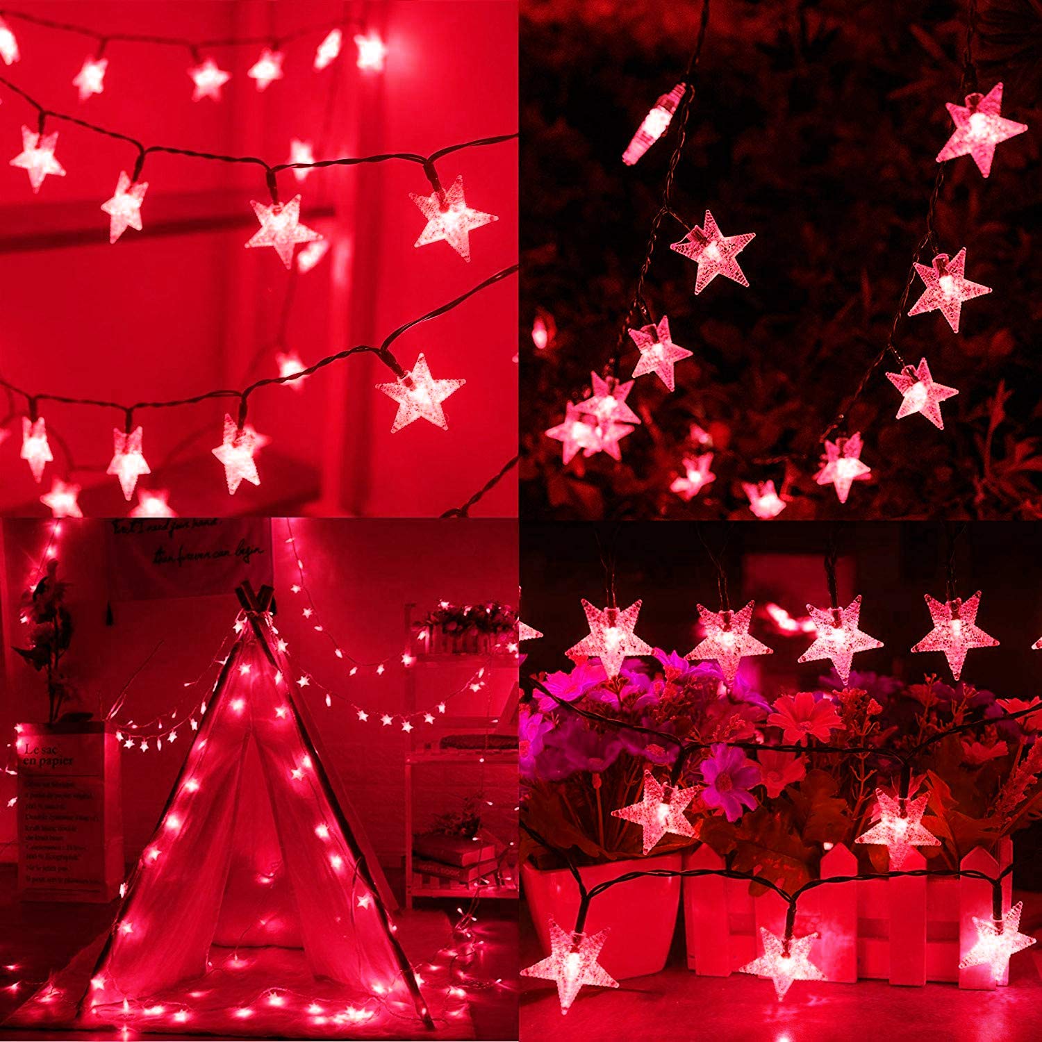 Guirnalda de luces de estrella, 5 m, 50 LED, para interiores, guirnalda de luces de estrella parpadeante, USB (rojo)