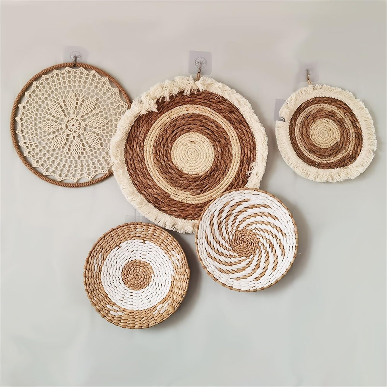 Decoración de Pared de Mimbre de Paja, Cesta de Pared Redonda, decoración de Pared, artesanías de ratán, Marco Colgante de Pared, Adorno Decoración de Pared(5PCS Set C)