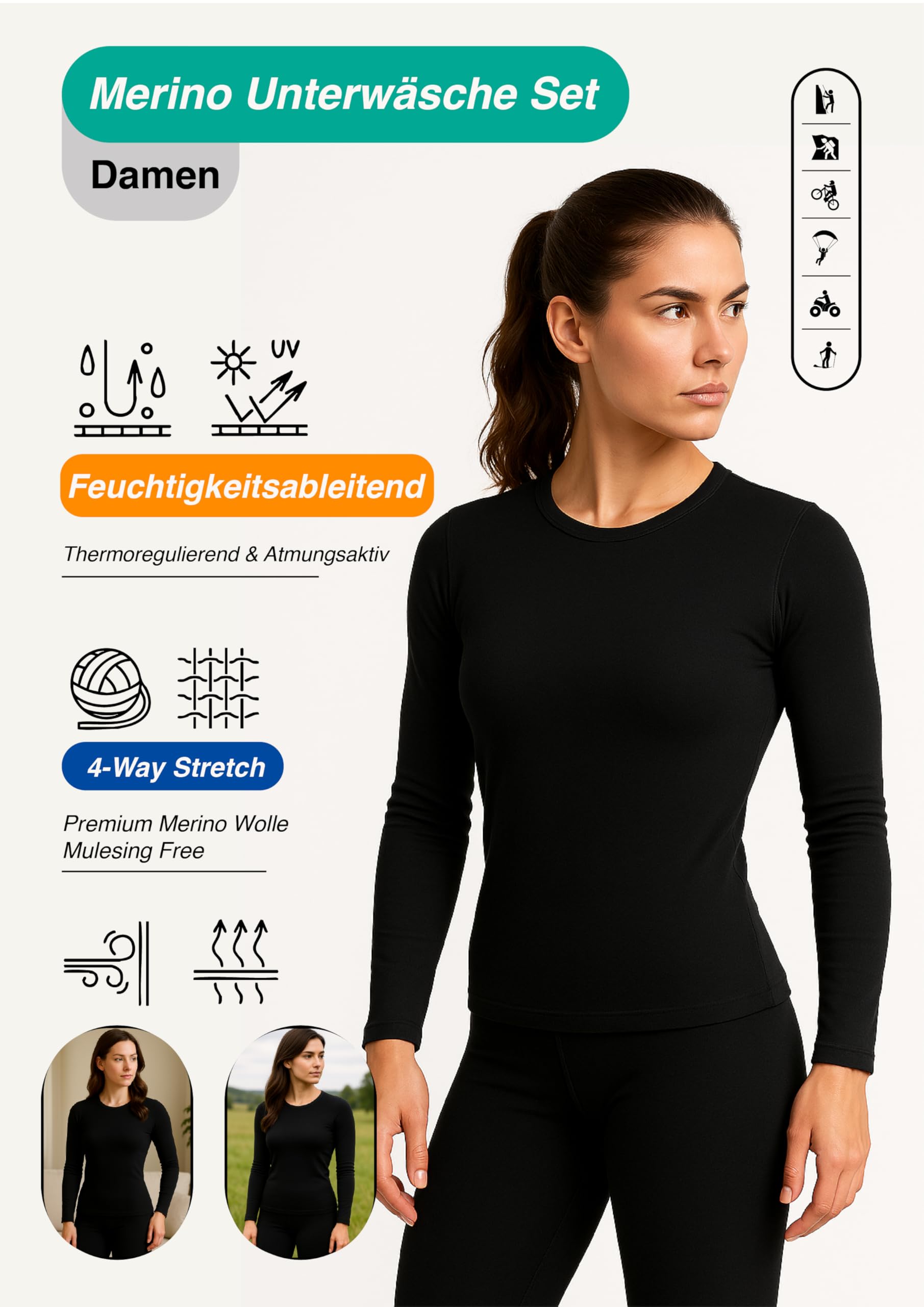 LEON+ Merino Unterwäsche Set Damen Lang – Langes Oberteil & Lange Leggings – Warm, Atmungsaktiv, Geruchshemmend, Leicht, Schnell Trocknend – Ideal für Ski, Trekking, Camping, und als Baselayer