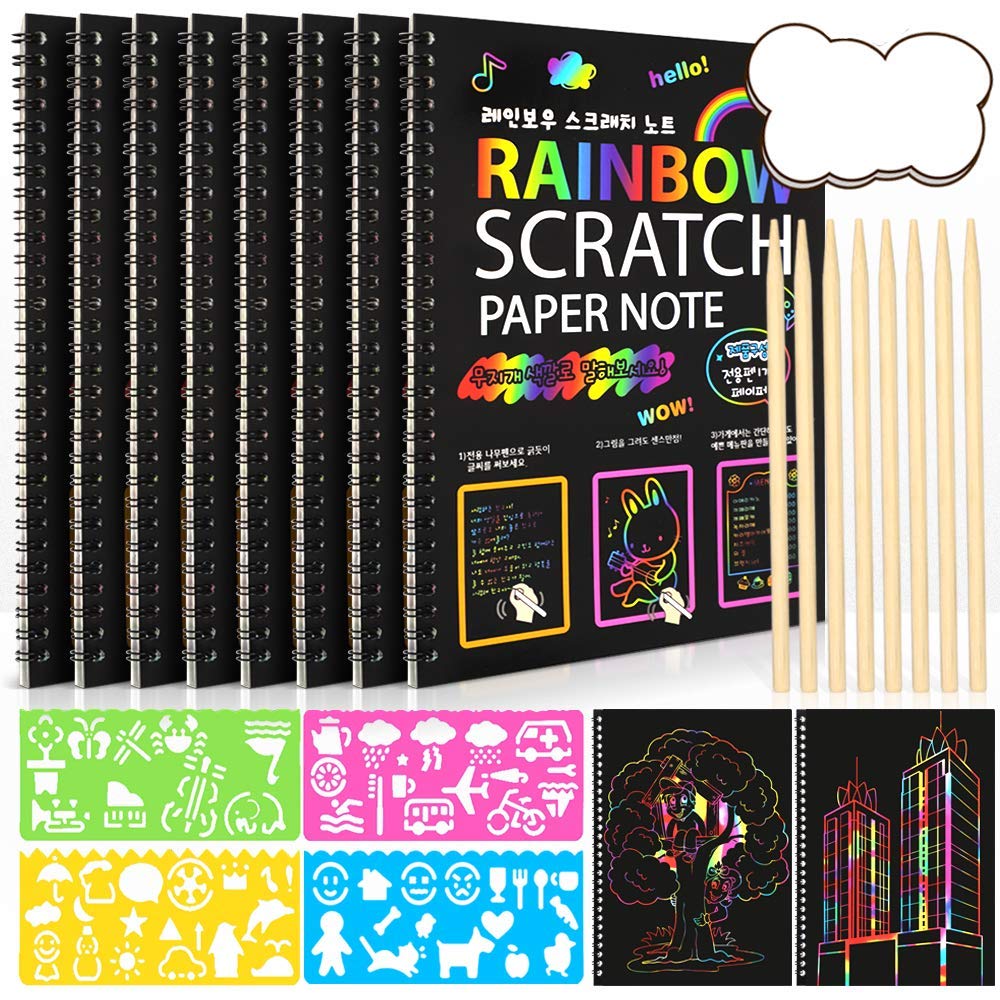 Kitoyz8 Pack Scratch Arts Drawing Notebook Paper for Kids Art Supplies, Large Rainbow Scratch and Sketch Books Set for Kids Party Favors