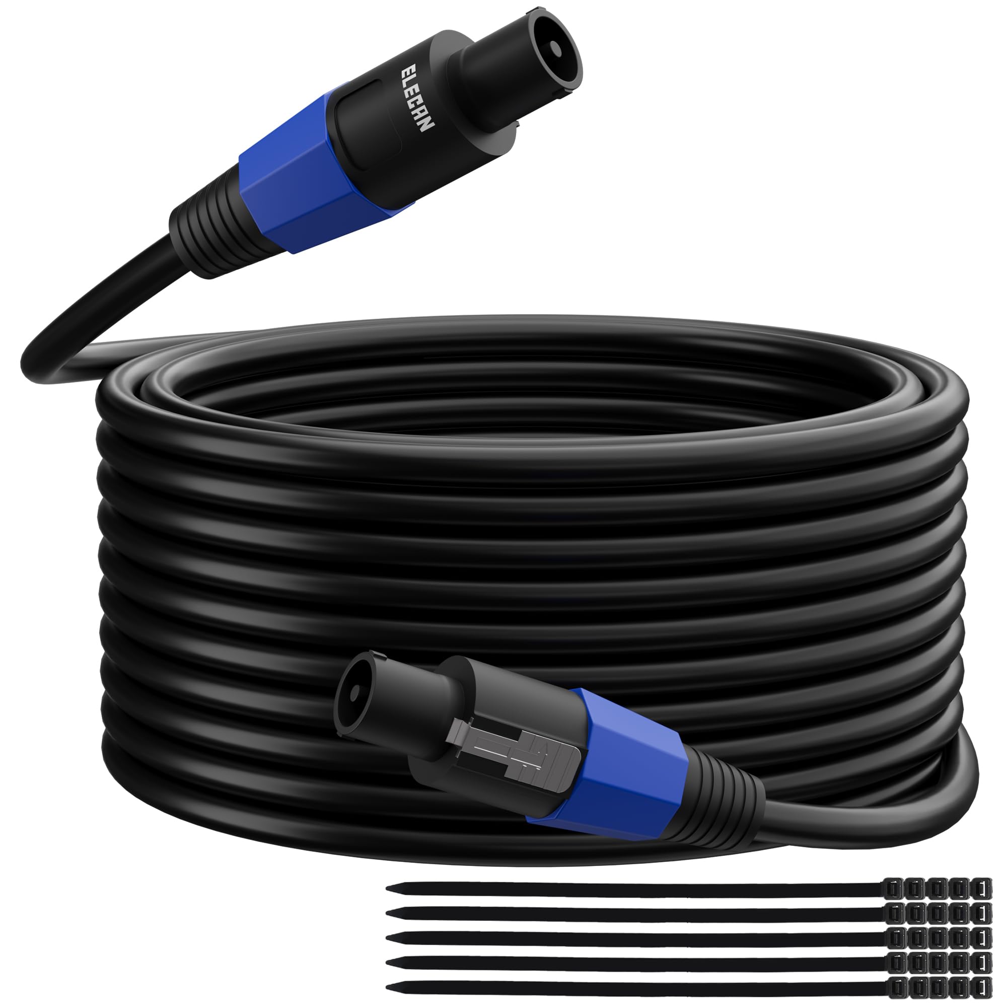 Elecan Professional Male Speakon to Speakon Cable 35 Ft, 12AWG Heavy-Duty High Power Audio Cable Cord DJ/PA Amplifier Speaker Cable Wire with Twist Lock, 9.5mm OD, Black +Ties