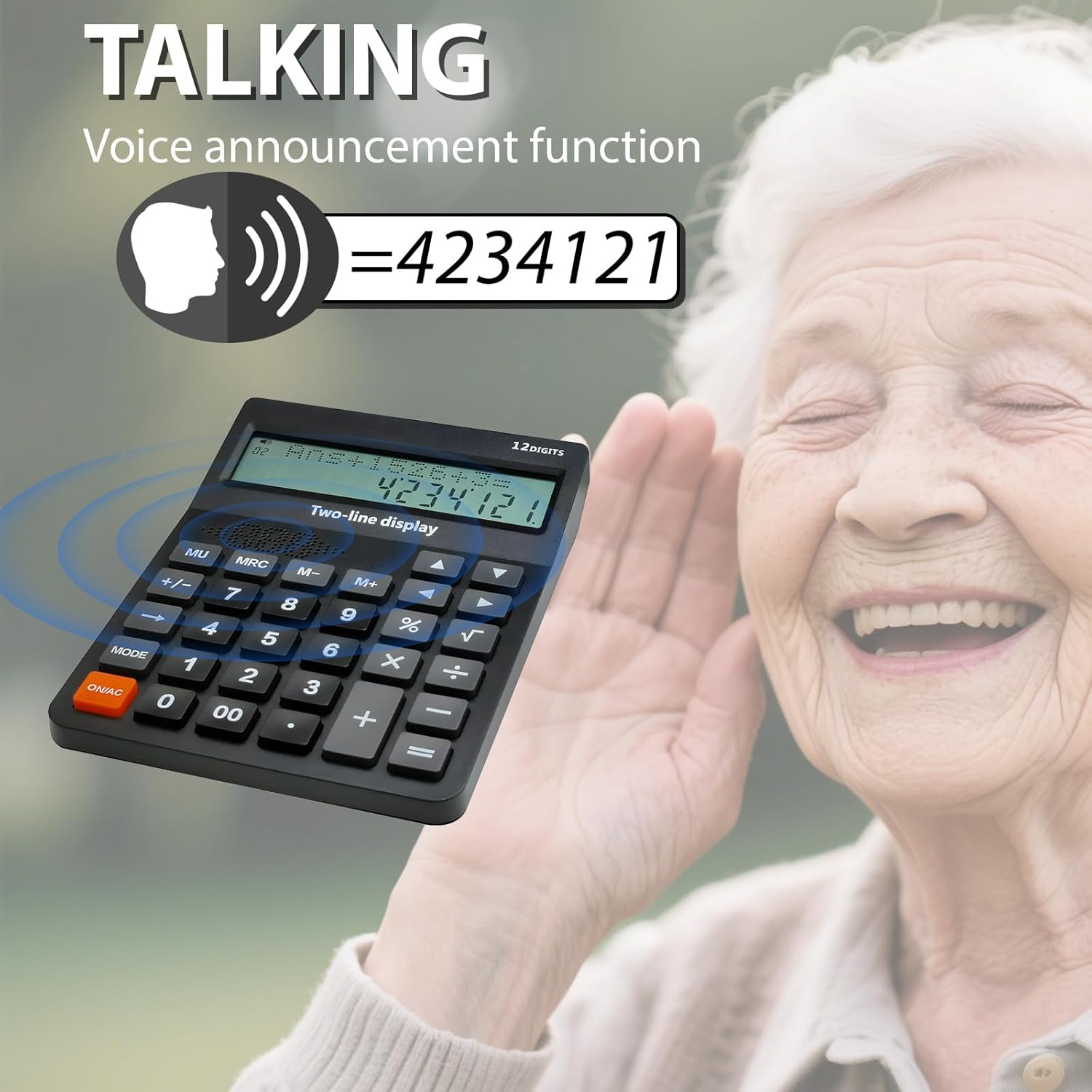 Talking Desk Calculator for Blind & Visually Impaired - Basic Desktop Model with Large Buttons, 2-Line Display, 4 Functions - Ideal for Weak Sight & Vision Disorders