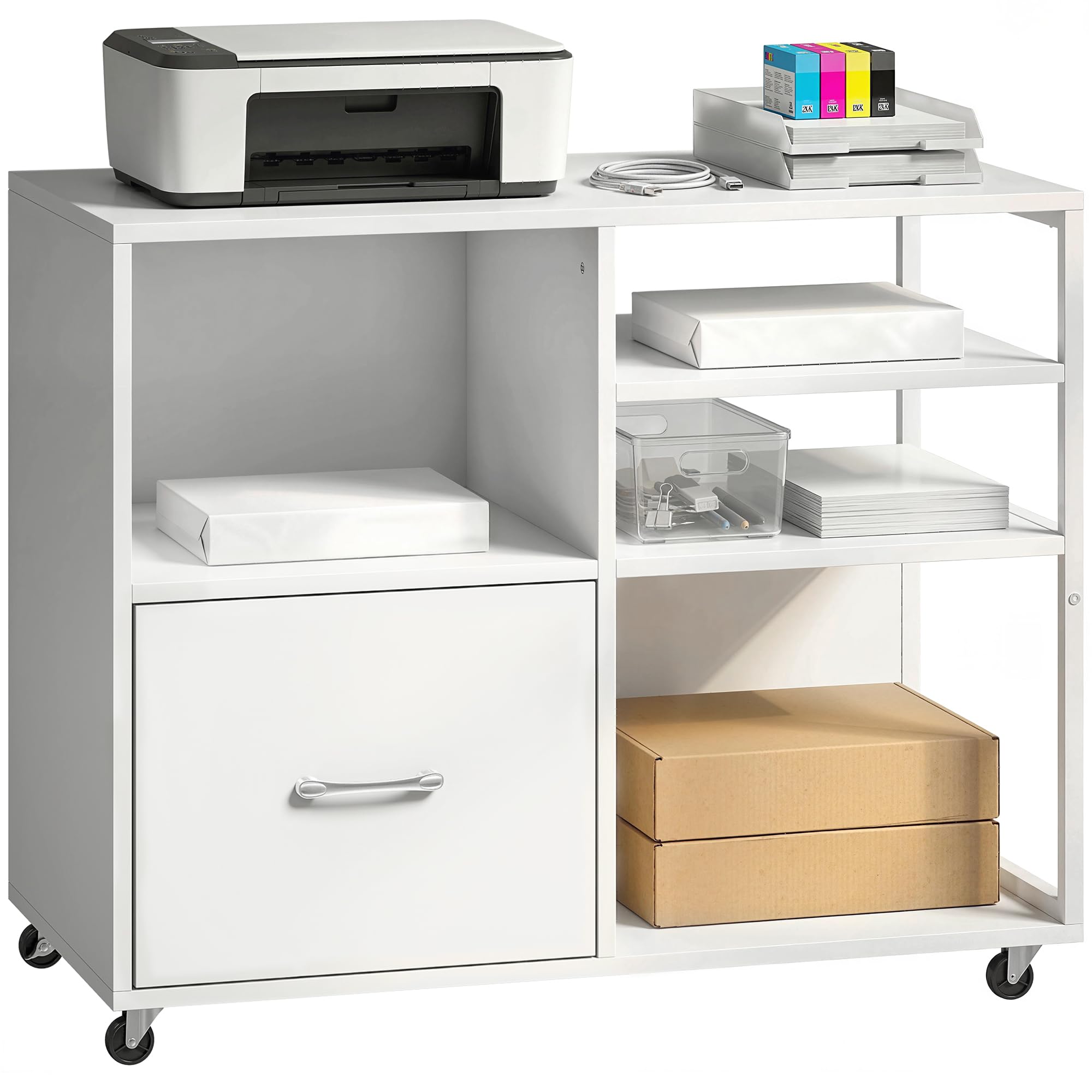 HOMCOM Mueble para Impresora con Ruedas, Mesa para Impresora con Estantes Abiertos y Cajón para Documentos Tamaño A4 y Carta, Archivador Móvil para Oficina en Casa, Blanco