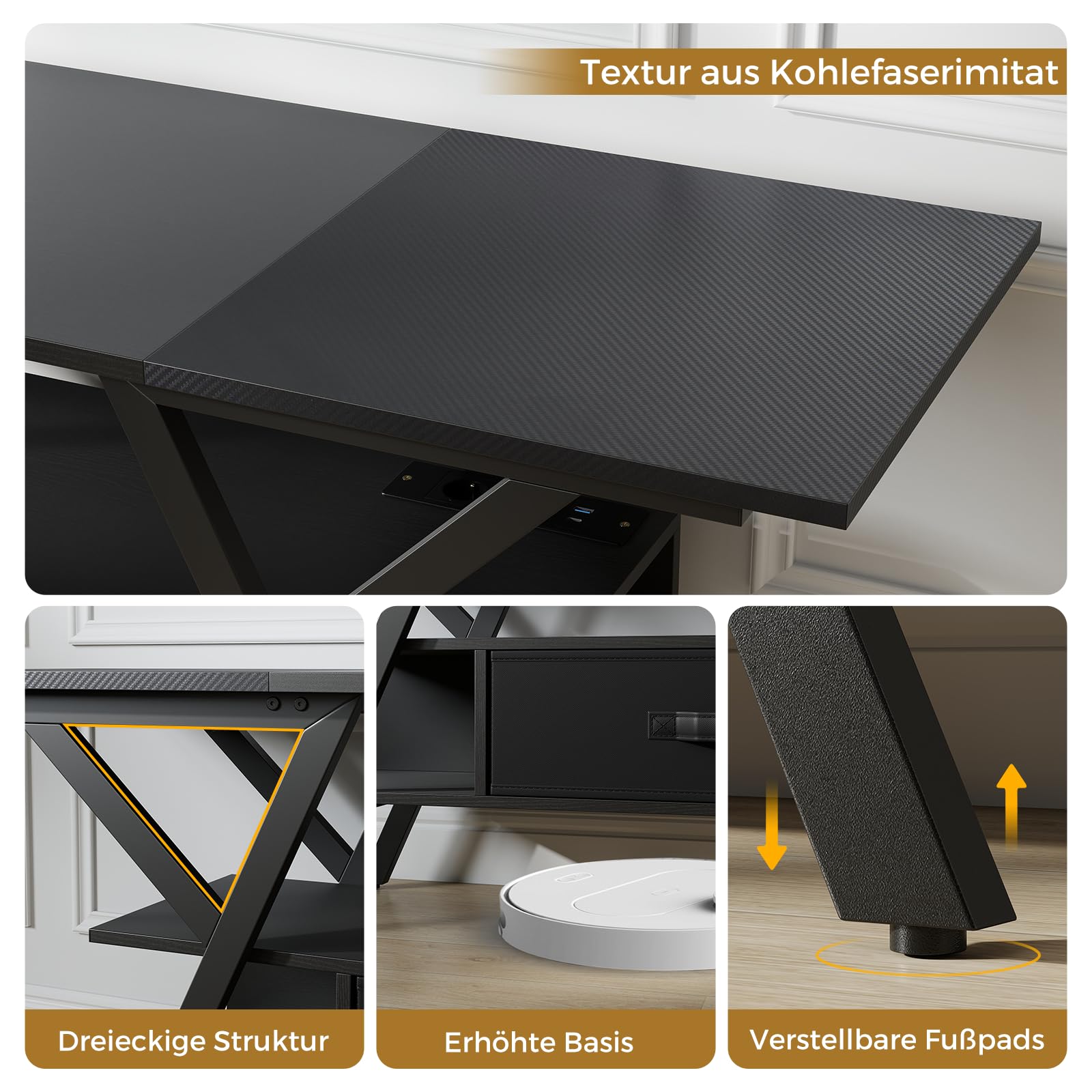 COSTWAY Stojak pod telewizor z diodami LED i gniazdem USB + gniazda typu C, szafka pod telewizor 65", 3-poziomowe centrum rozrywki, stolik konsolowy z półkami i szufladą z materiału (czarny)