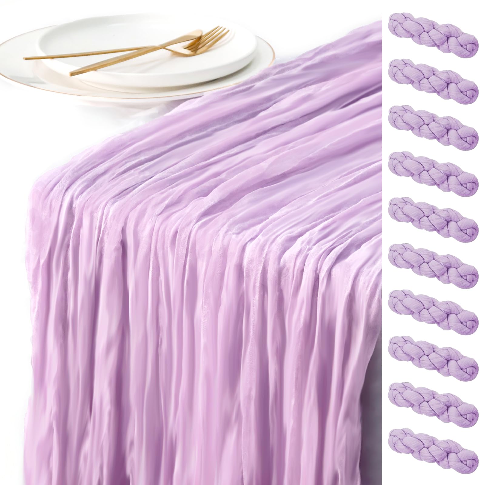 10 Pack Light Purple Cheesecloth Table Runners - Long Cotton Gauze Runner Table Set for Weddings Bridal Parties and Baby Showers Decoration- Elegant