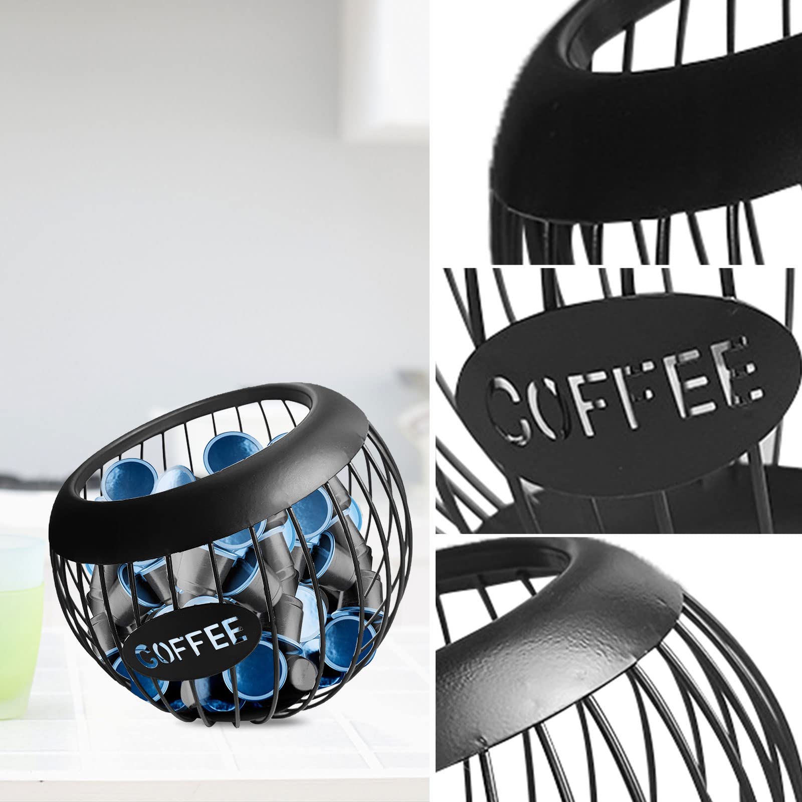 Cestello Portaoggetti per Caffè, Cestello Porta Capsule di Caffè, Porta Cialde da Caffè e Tazza Organizer, Contenitore Per Capsule di Caffè, Cestello porta Caffè da Cucina in Metallo, Nero