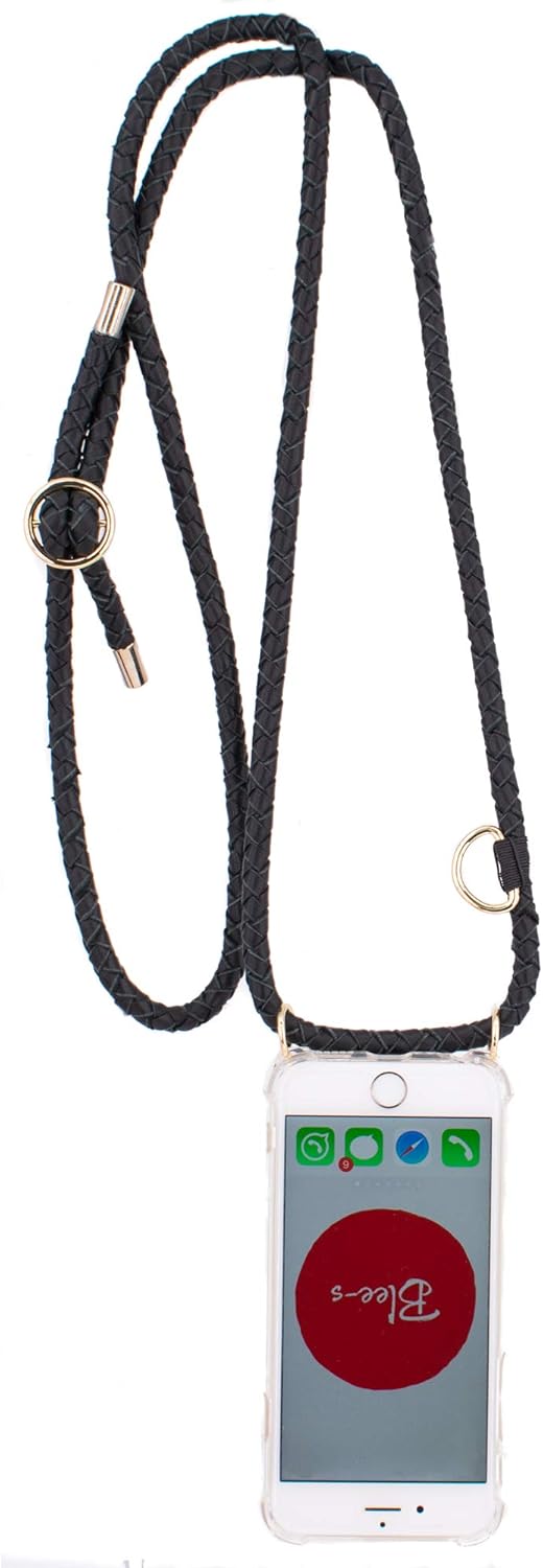 Blee-s/Irene/Black Leather Handknitted Shoulder Strap/Neck Lanyard with Shockproof Transparrent TPU Phone Case (Compatible with iPhone 6 / iPhone 6S) (Gold Accessories)