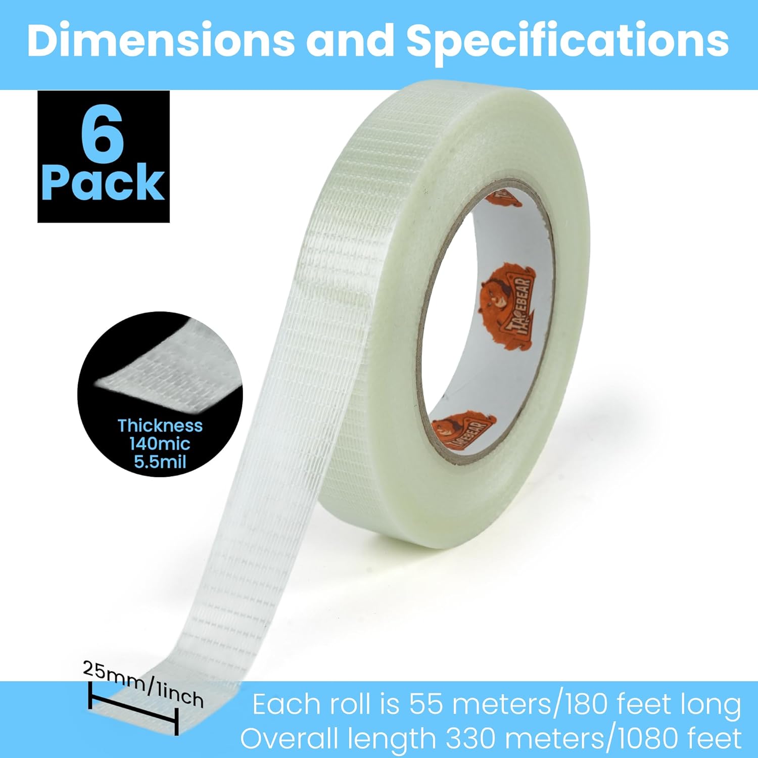 TAPEBEAR Bi-Directional Filament Strapping Tape 1 Inch x 60Yards + Stretch Wrap Film 4" x 1000Ft