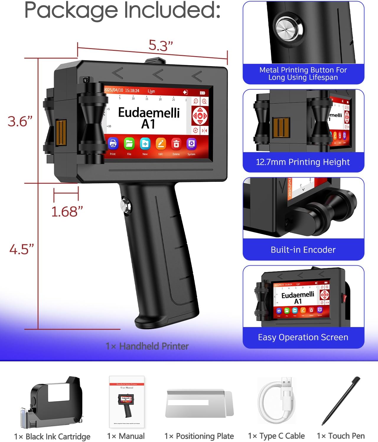 A1 Handheld Inkjet Printer Gun,0.5 Inch Portable Handheld Ink jet Printer Gun with 42ml Quick-Drying Ink Inkjet Coding Machine for Expiry Date/Batch Number/Text/Logo/QR Code/Barcode/Serial Number