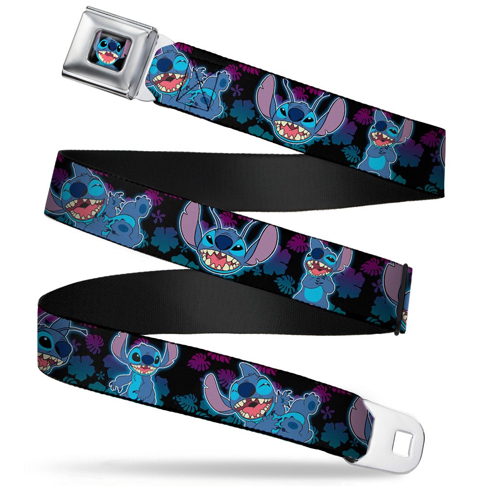 Buckle Down Seatbelt Belt - Stitch 2-Expressions/2-Poses Tropical Flora Black/Purple-Blue Fade - 1.0" Wide - 20-36 Inches in Length