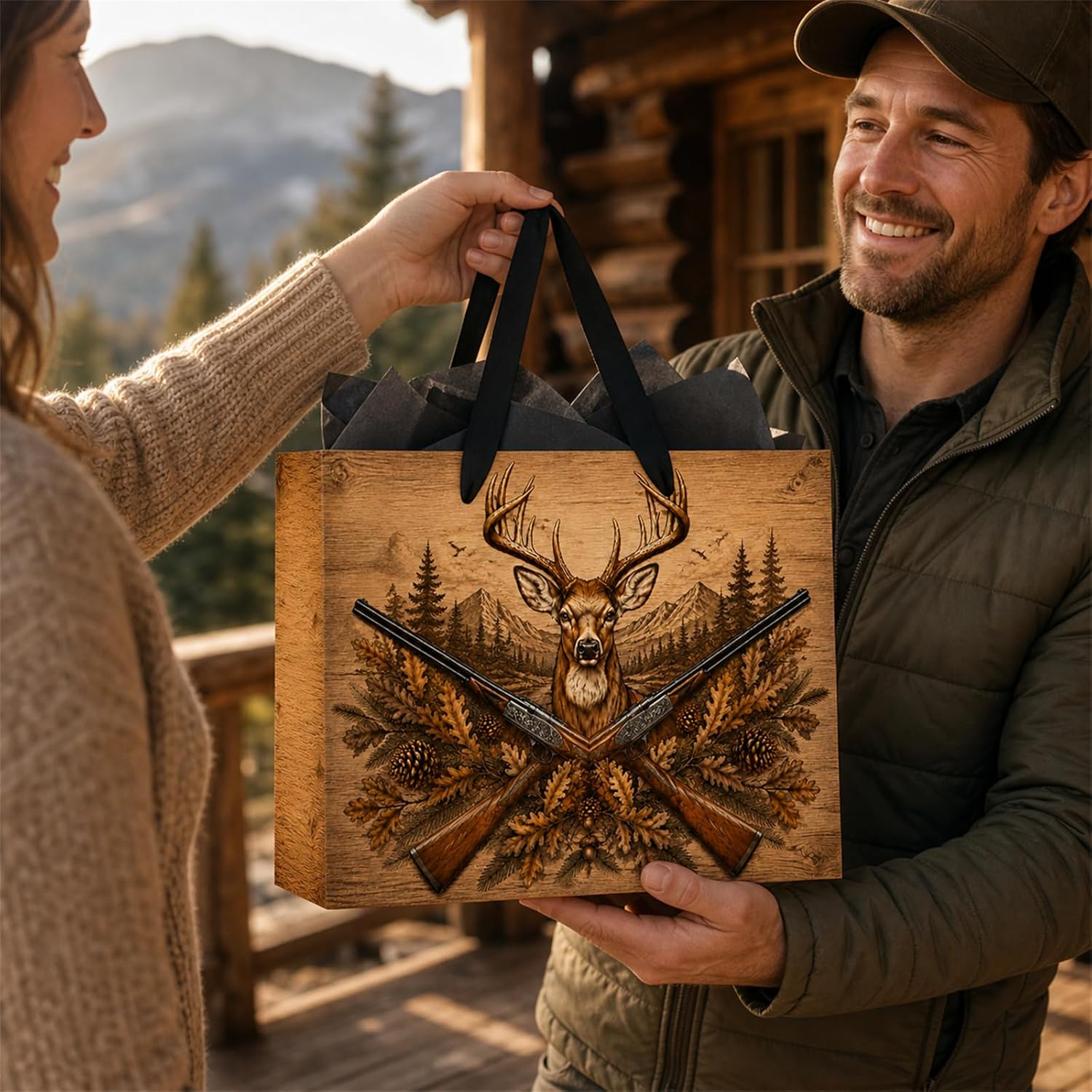 Hkshaoda Deer Buck Gift Bag with Black Tissue Paper and Card Hunting Season Theme Gift Wrapping Bag - Country Cabin Sportsmen Party Supplies Present Sack for Men Dad image 5