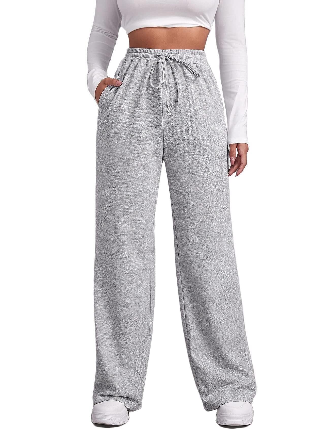 Lockenstab Wide Leg Sweatpants For Women Elastic High Waisted Drawstring Loose Pants With Pockets(01-light Grey,XL)