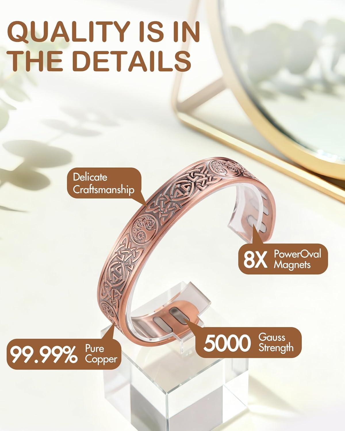 Feraco Copper Bracelet for Men, 5X Ultra Strength Magnetic Cuff Bangle with 5000 Gauss Neodymium Magnets, 99.99% Pure Copper Jewelry Gift, Adjustable - Image 2