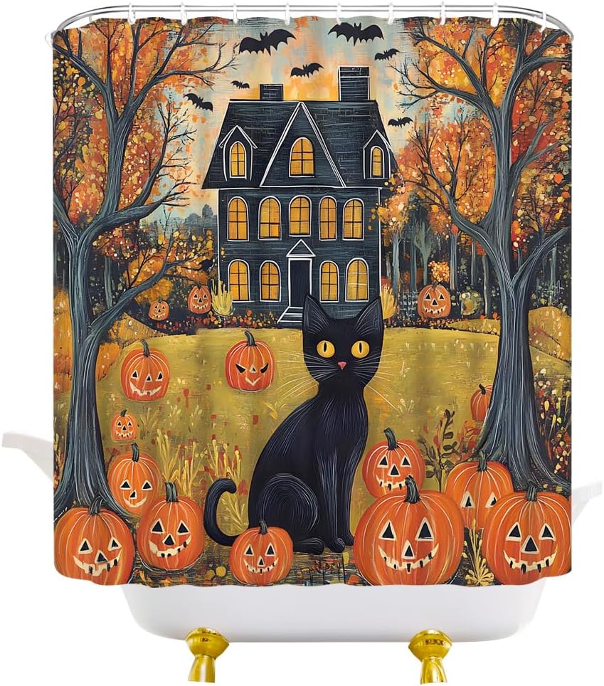 Spooky Halloween Cat Shower Curtain Gothic Pumpkin Oil Painting Style Abstract Fabric Bathroom Decor Curtain with Hooks, 70Wx78H