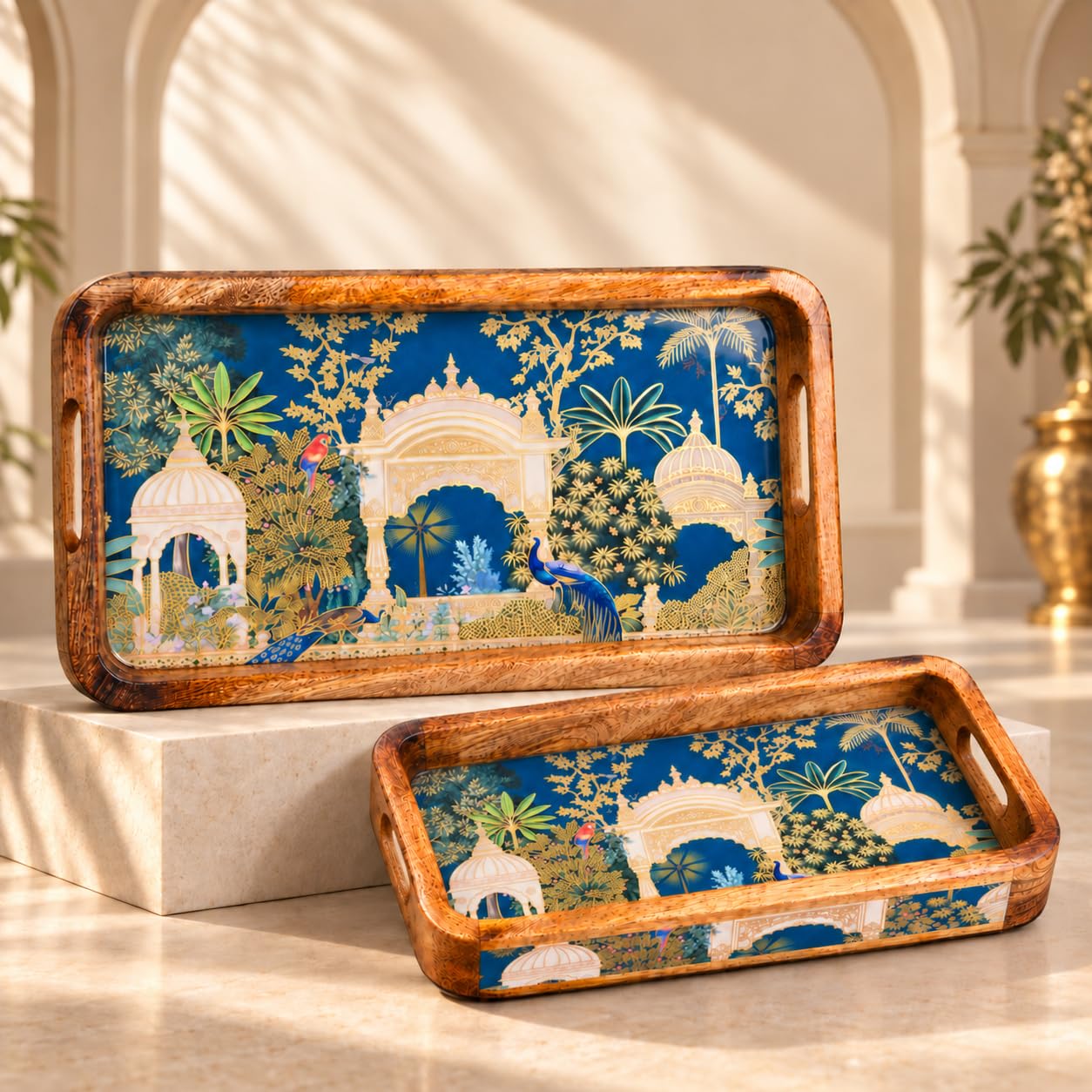 Wooden Serving Tray Set - Gold Engraved Design -12