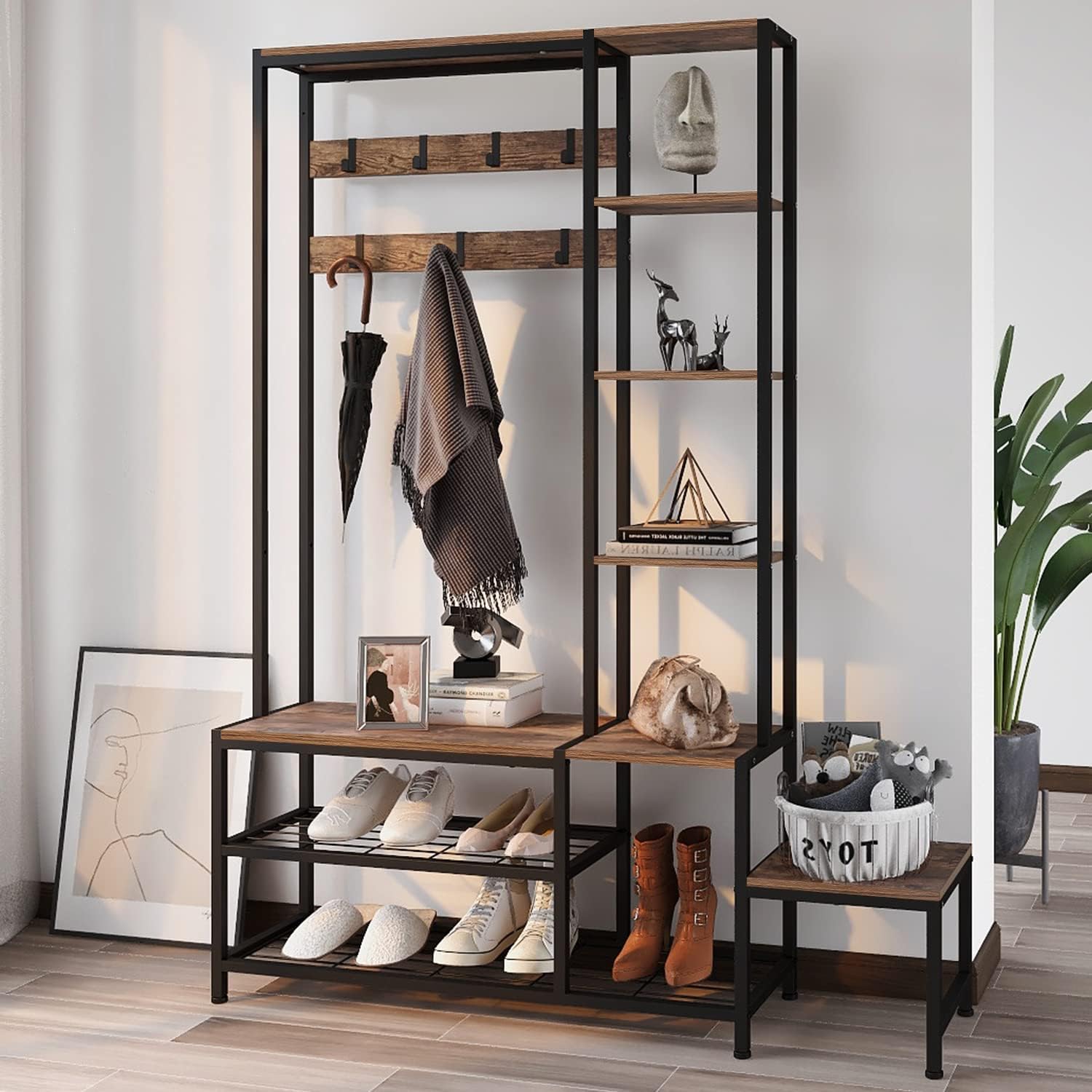 Espelism Hall Tree with Shoe Storage Bench Coat Rack with 7 Hooks Interchangeable 4 Tier Side Storage Shelves Small Cute Side Bench Industrial 5-in-1 Entryway Coat Rack for Hallway Mudroom Bedroom