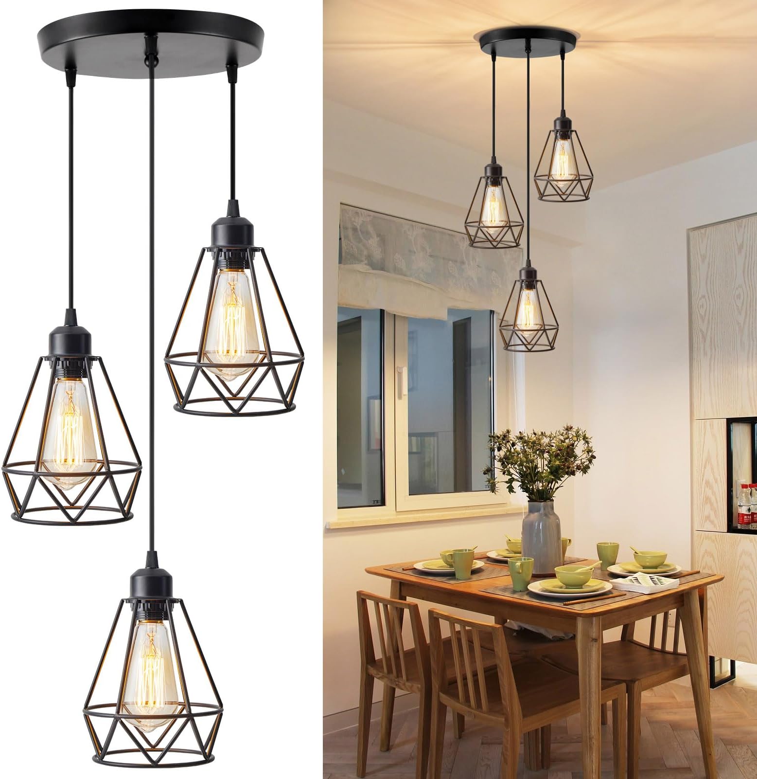 Industrial 3-Light Pendant Light, Adjustable Hanging Light Fixture with ...
