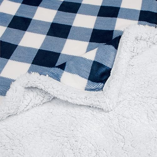 Miniatura 5 de PAVILIA Buffalo Sábana Sherpa individual de lana cuadriculada, sábana de franela de forro cuadros para sofá cama color azul marino, sábana mullida y