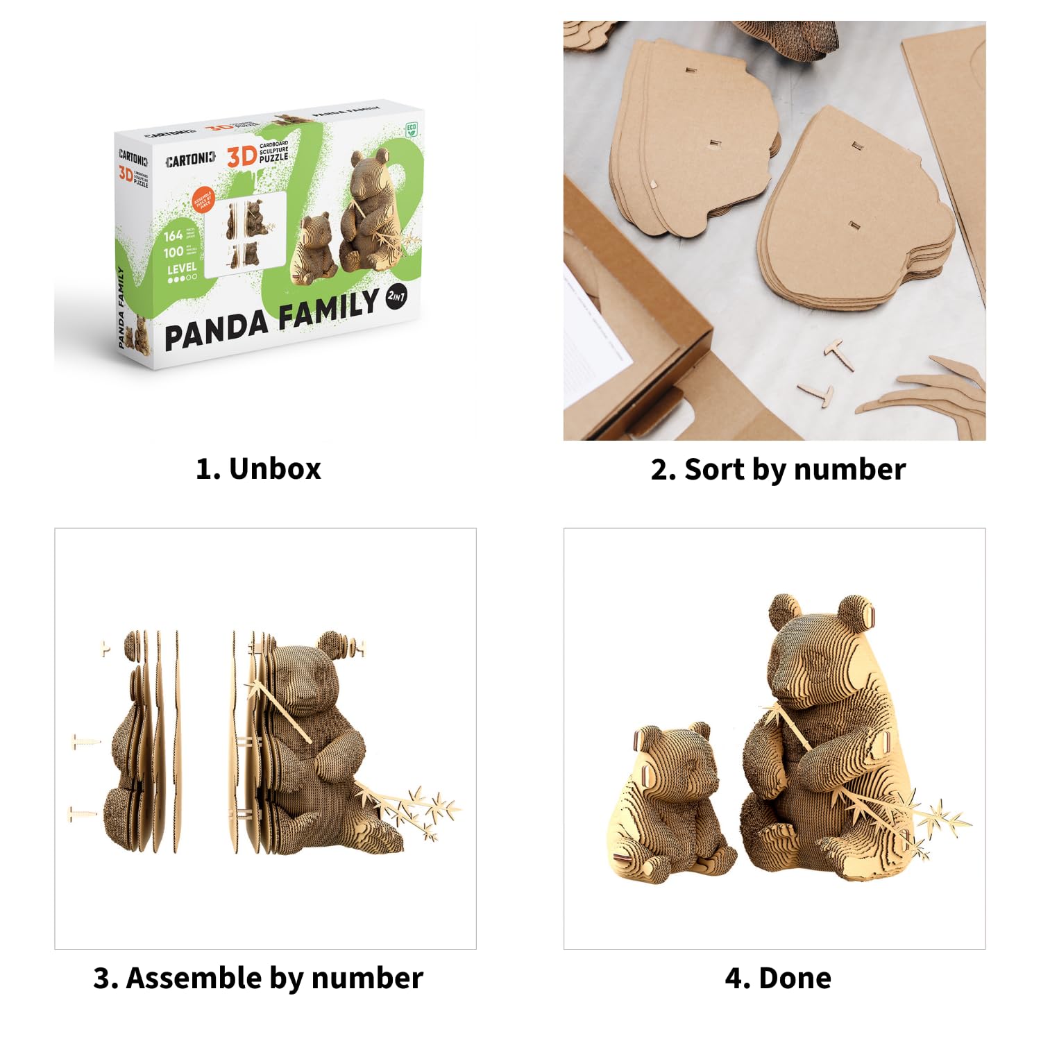 Panda Famille Puzzle 3D en Carton – Coffret 2 Maquettes | 164 Pièces – Kit Sculptures DIY à Peindre, Matériaux Recyclés, Ados & Adultes, Idée Cadeau Déco
