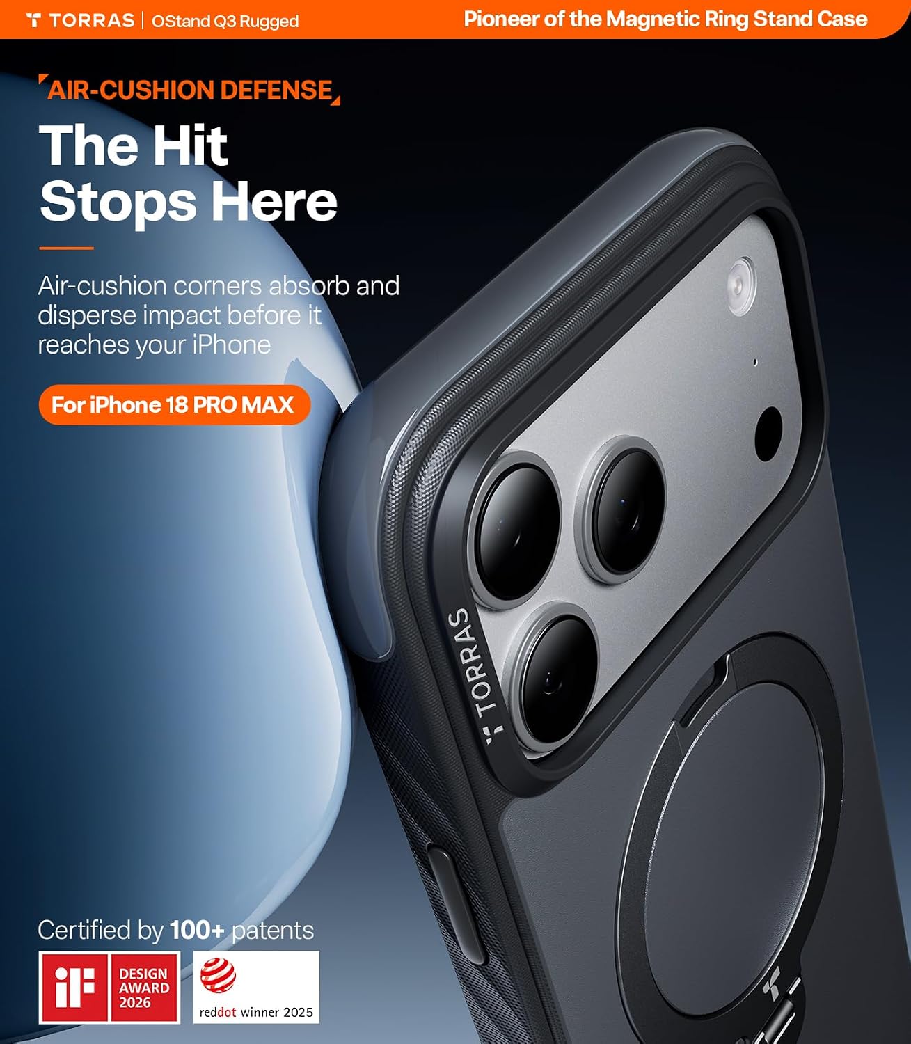 TORRAS Q3 Rugged for iPhone 18 Pro Max Case 360° Magnetic Stand, Jet Black