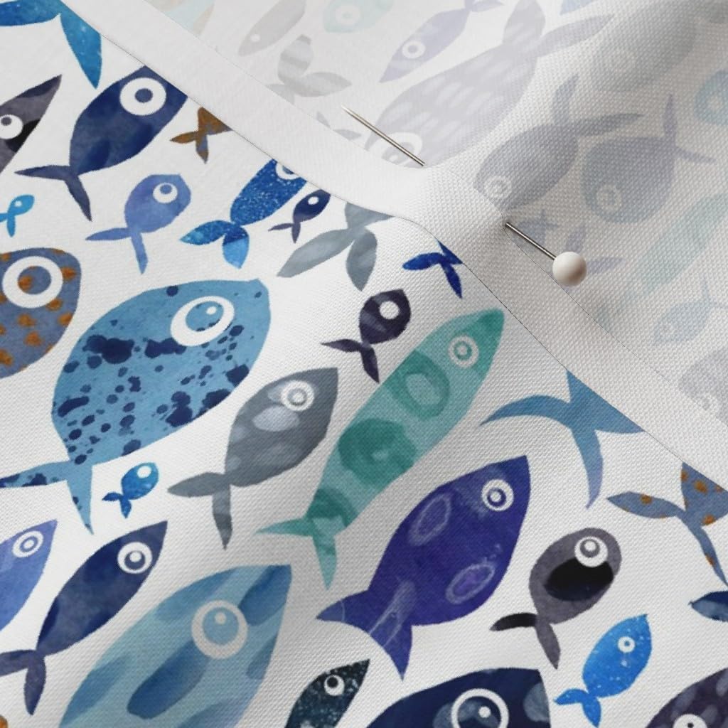 Spoonflower Fabric - Blue Watercolor Fish Sea Ocean Coastal Beach Summer Nursery Nautical Printed on Petal Signature Cotton Fabric Fat Quarter - Sewing Quilting Apparel Crafts Decor