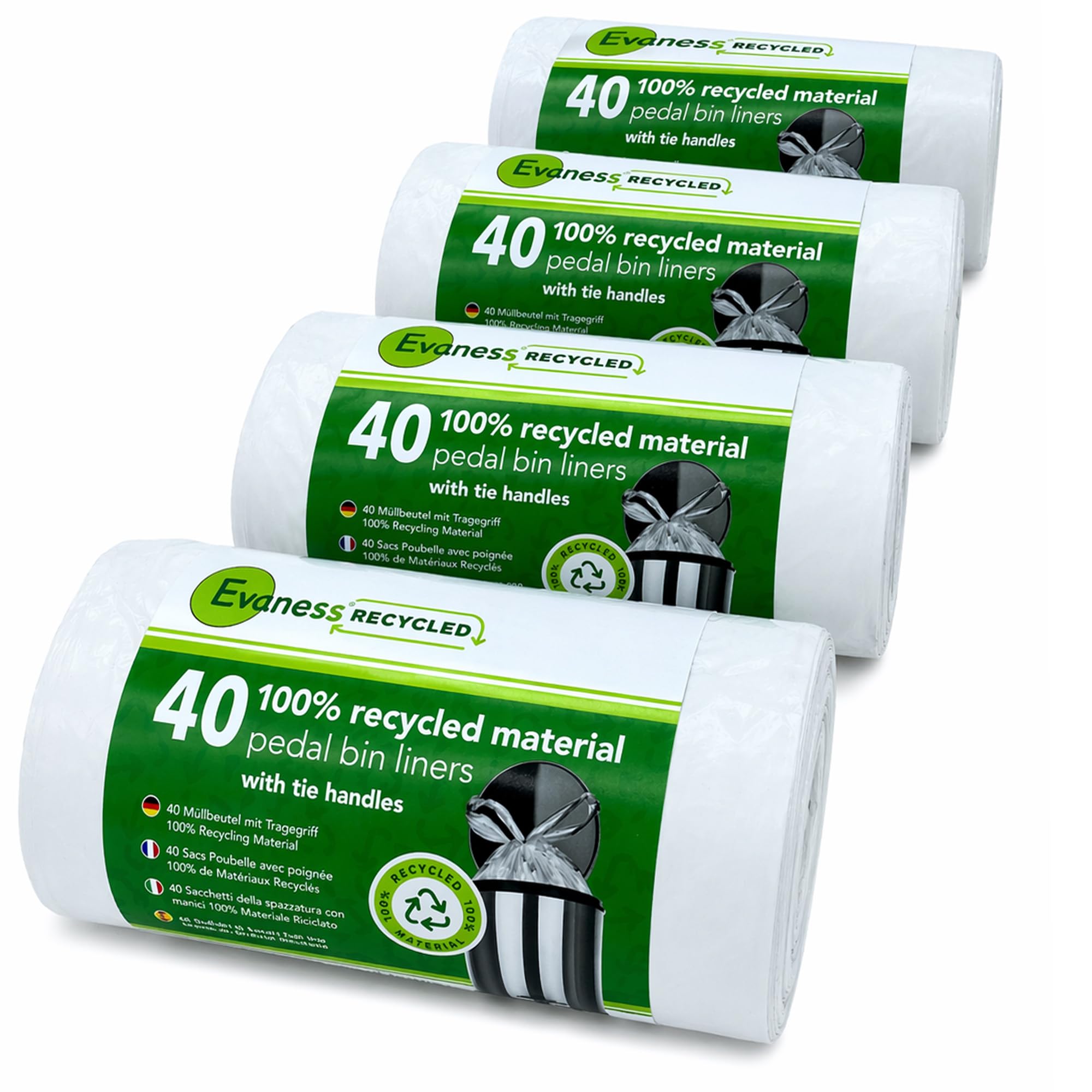 Evaness White 160 Pack Tie Handle Pedal Bin Liners 20L/30L – 100% Recycled Bags