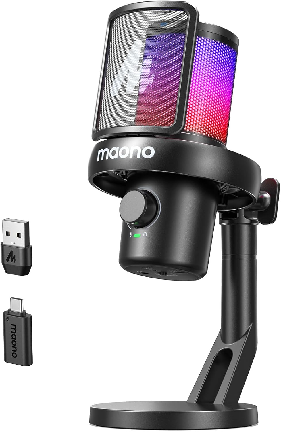 MAONO Microfono Wireless, Microfono PC con Software Cambiavoce Vocale IA, Cancellazione del Rumore, EQ personalizzata, Luci RGB Regolabili per Gioco, Podcasting, Streaming, DM40 Nero