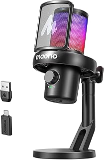 MAONO Mikrofon Kabellos für PC, Gaming Mikrofon mit Software-AI-Stimmänderung, Geräuschunterdrückung, Benutzerdefiniertem EQ, Einstellbaren RGB-Lichtern für Gaming, Podcast, Streaming, DM40 Schwarz