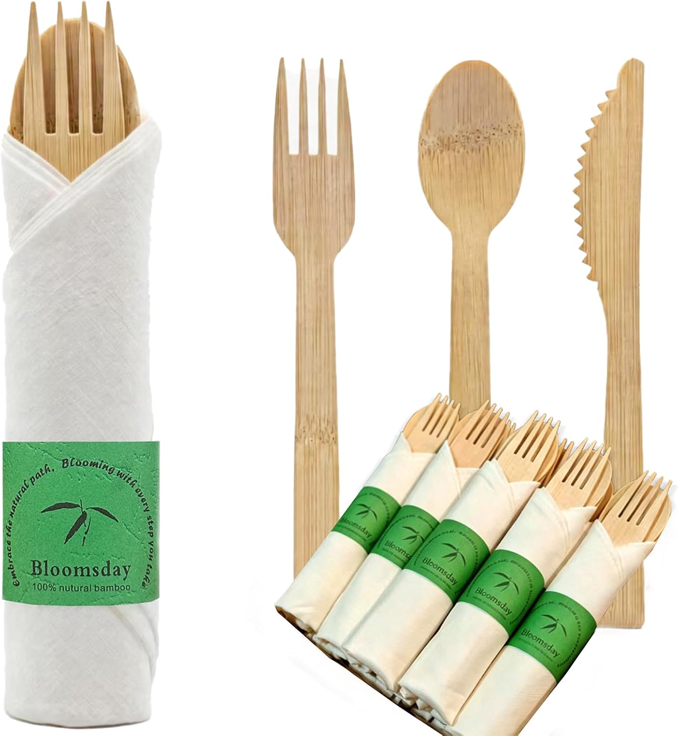 Bloomsday Disposable Bamboo Utensils Set, 60 Pack | Compostable, Biodegradable, Includes Forks Spoons Knives Napkins, Eco Friendly, For Wedding Party Picnic Camping Outdoor