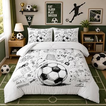 Nttopship Soccer Bedding Comforter Set Full Size for Kids Teens and Adults Football Printed Quilt Set for Bedroom Soft Microfiber All Season Print Quilt Set with 1 Comforter and 2 Pillowcases